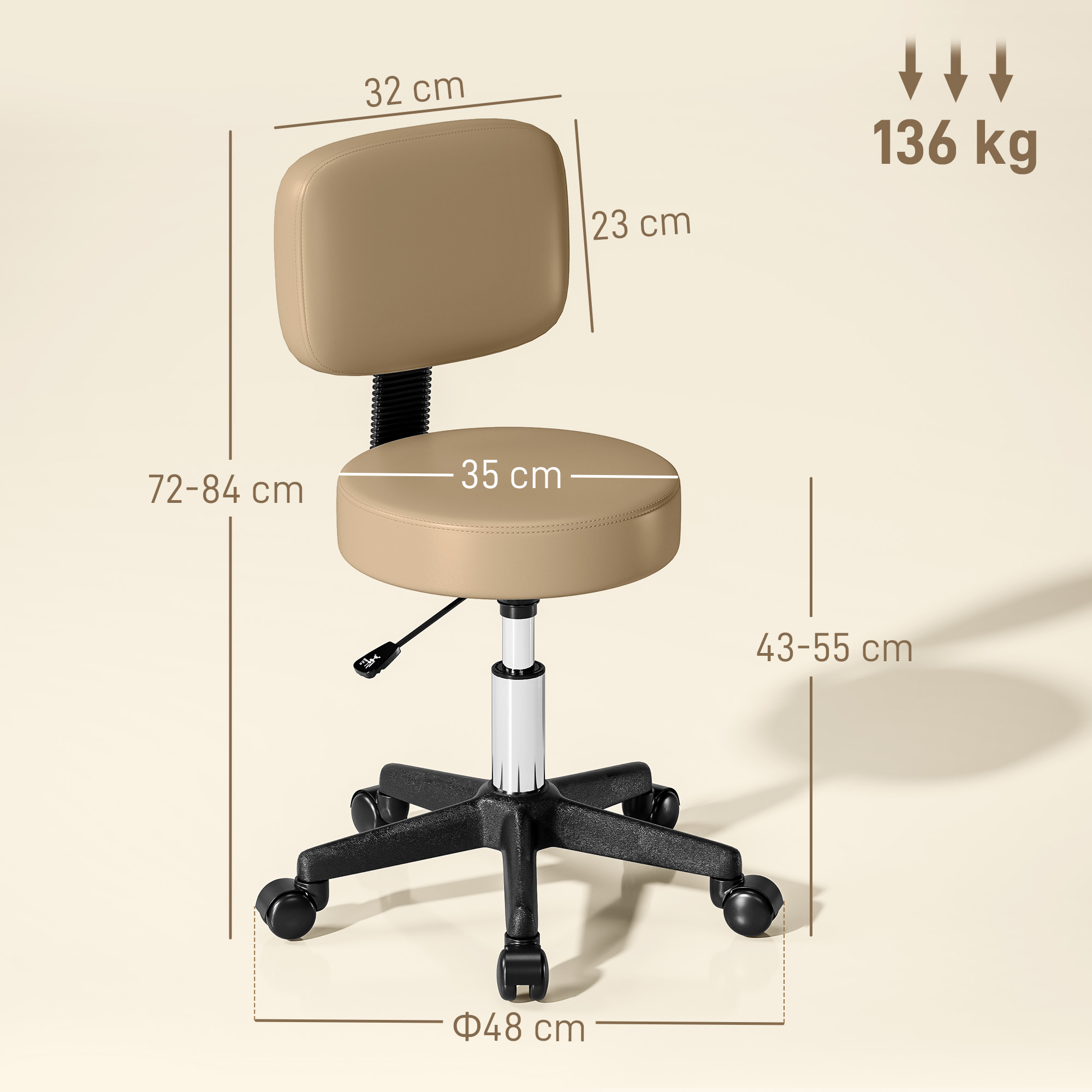 Rollhocker höhenverstellbar mit Rückenlehne 72-84 cm Hoch 360° Drehbar Arbeitshocker für Büro Salon Hellbraun