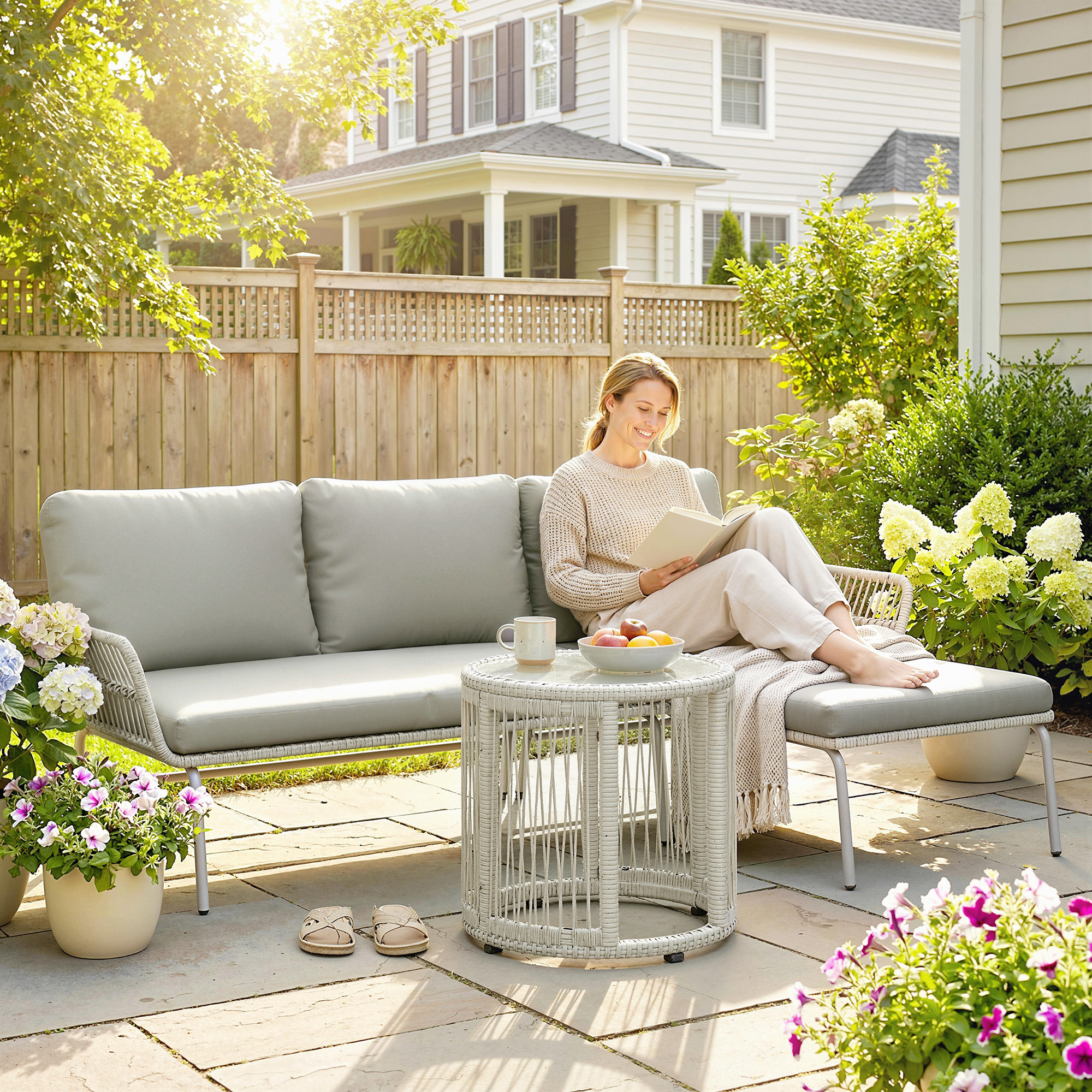 Polyrattan Gartenmöbel Set 3-teilig, Lounge Set mit Chaiselongue Zweisitzersofa Glastisch abnehmbar Kissen