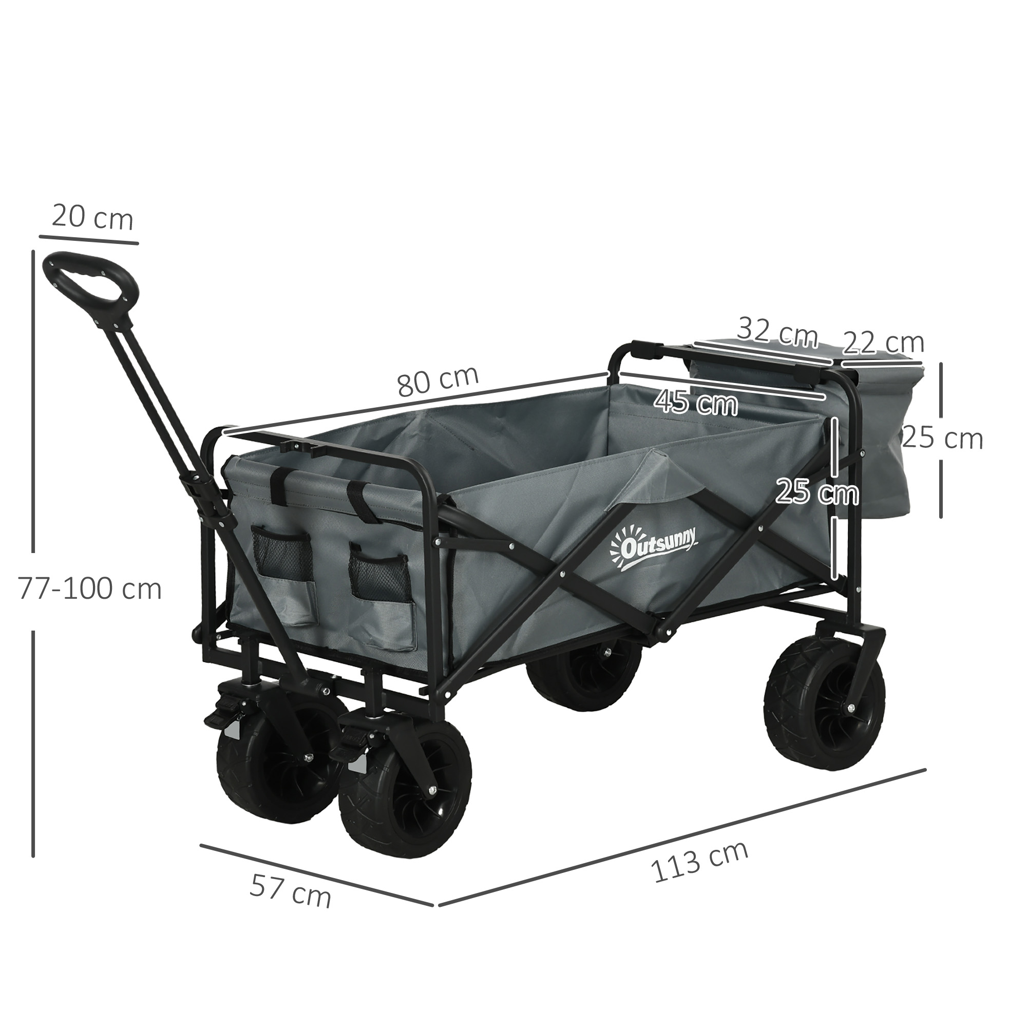 Bollerwagen mit Kühltasche, klappbar, Stahlrahmen, bis 100 kg, 113x57x77-100 cm, Dunkelgrau