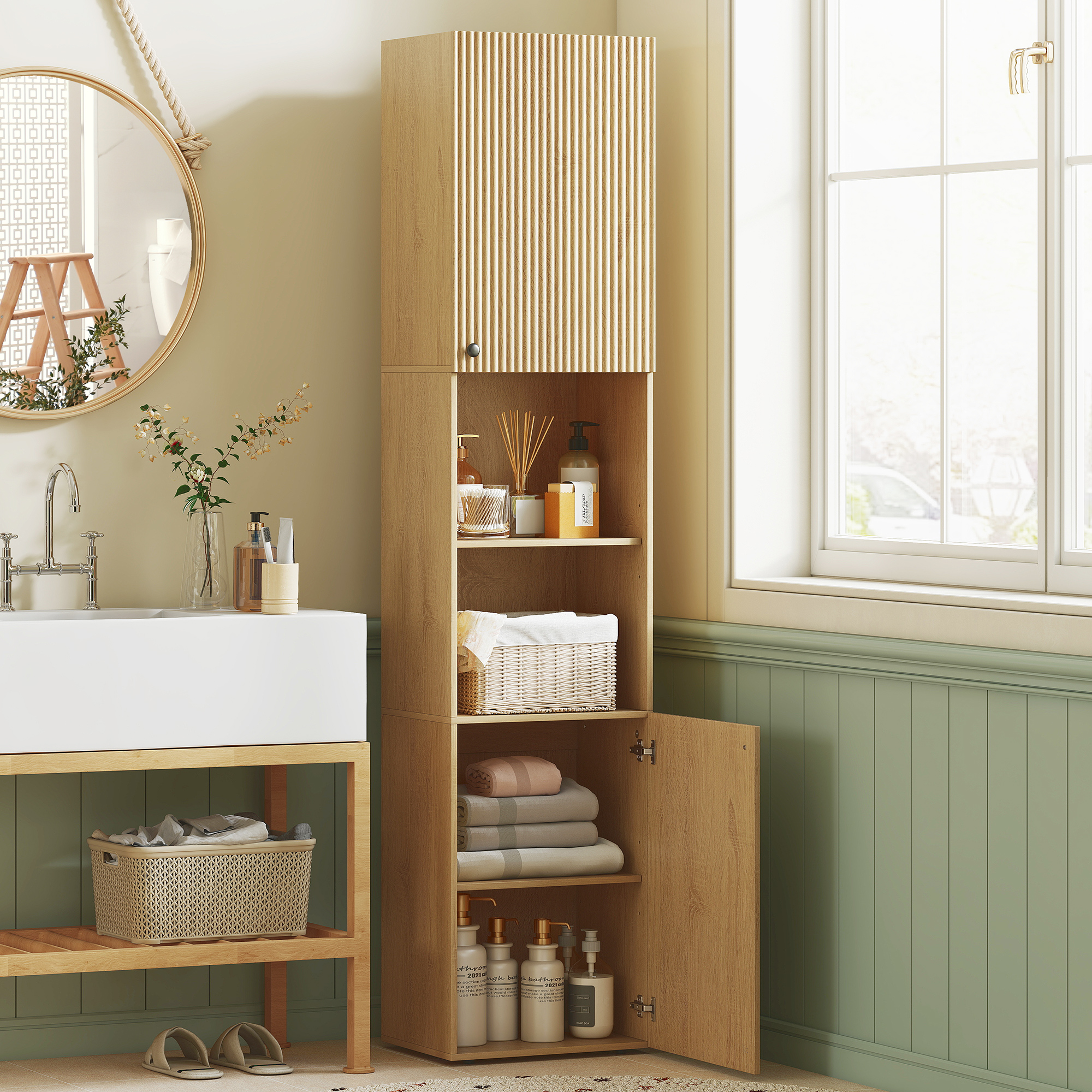 hoher Badezimmerschrank, 6 Ebenen, 2 Schränke, 2 offene Regale, offene Fächer, Holz, Eichenfarben