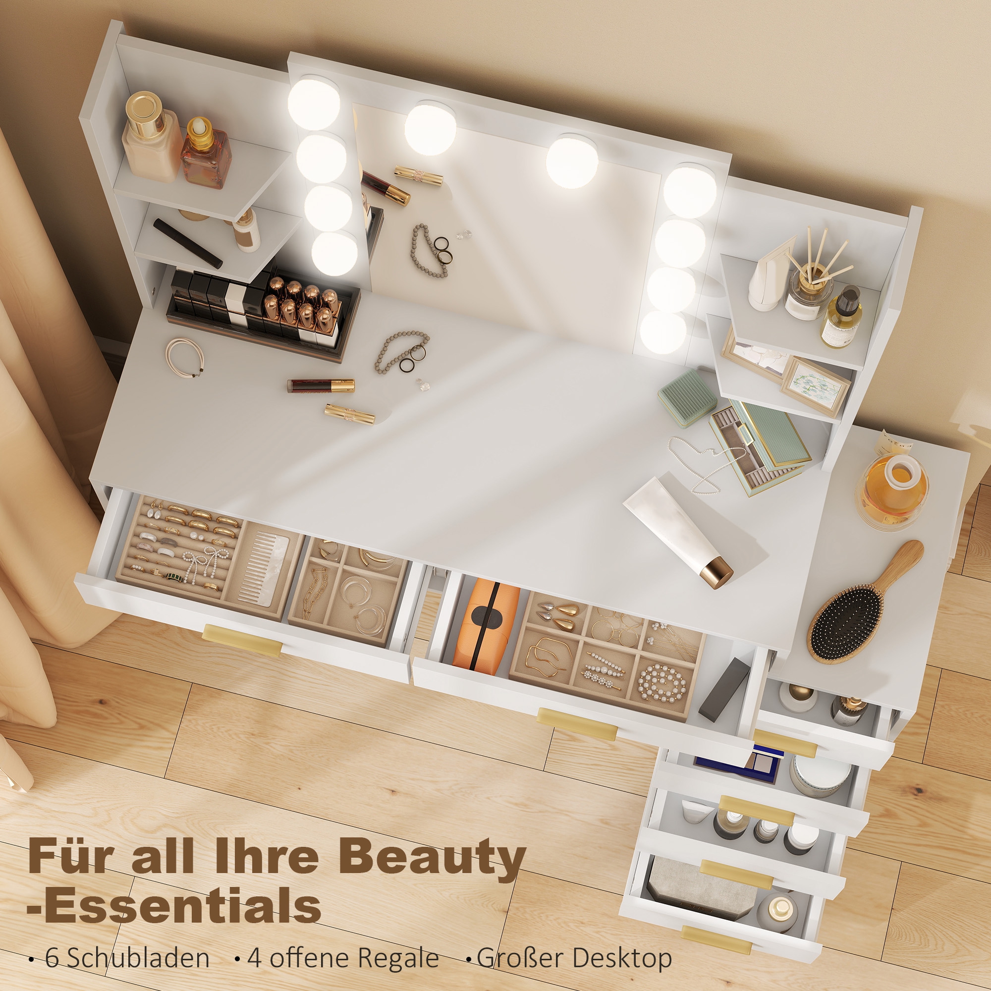 Schminktisch mit beleuchtetem Spiegel und gepolstertem Hocker, Schminkset mit 6 Schubladen und Ablagen, Weiß