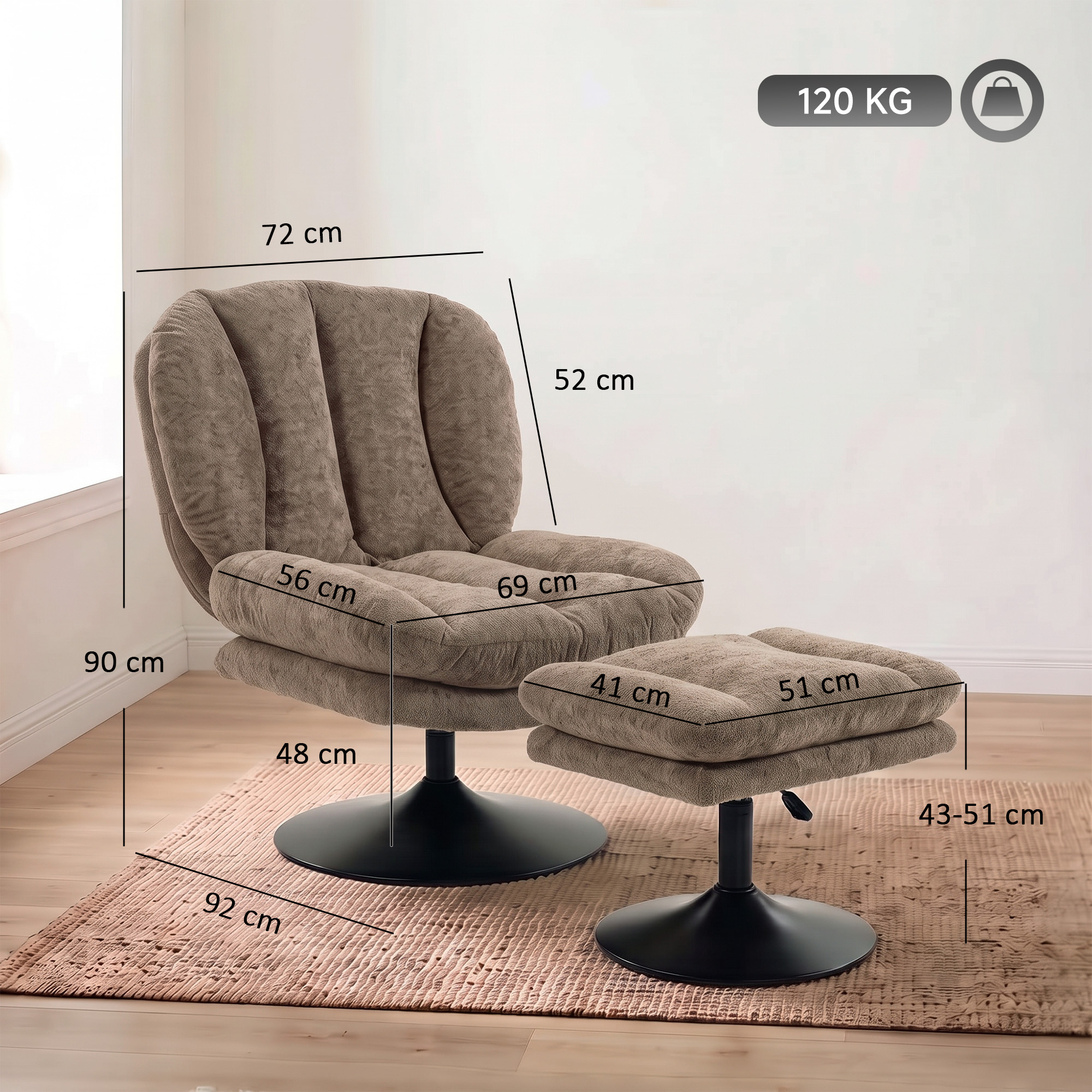 Loungesessel mit Hocker, 360° drehbar, aus Raindrop-Samt, höhenverstellbarer Fußhocker, Braun