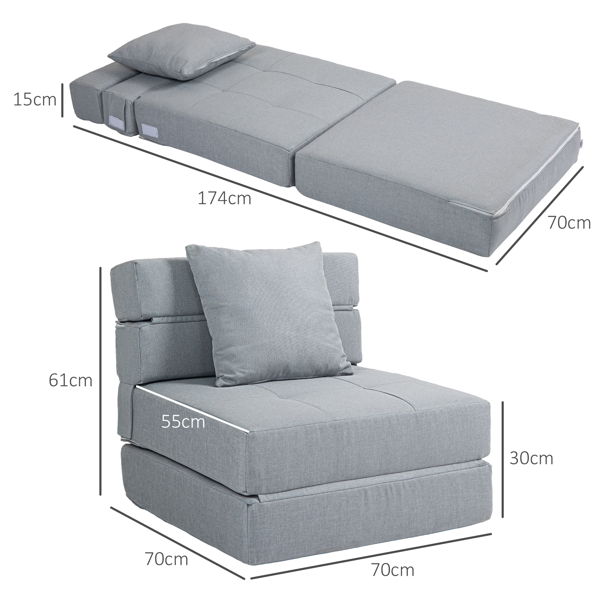 Relaxsessel Liegesessel Sessel mit Bettfunktion, inkl. 1 Kissen, 70 cm x 70 cm x 61 cm, Hellgrau