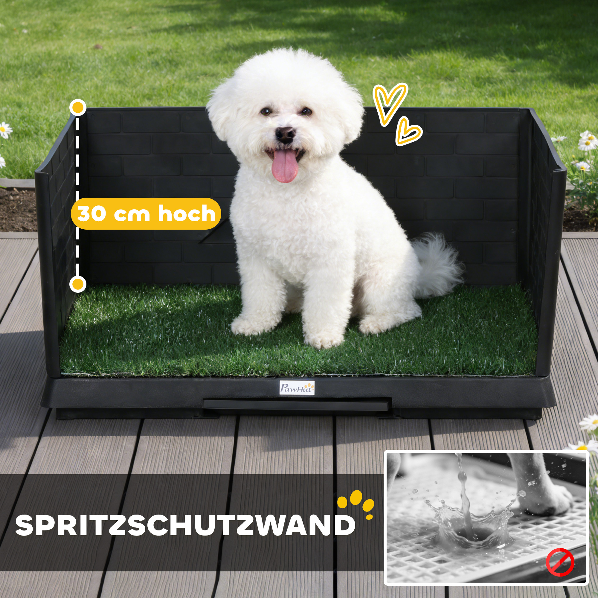 Hundetoilette 75 x 51 cm Hundeklo mit Kunstrasen Welpentoilette mit hohen Wänden herausziehbarer Schale Drainage Schwarz