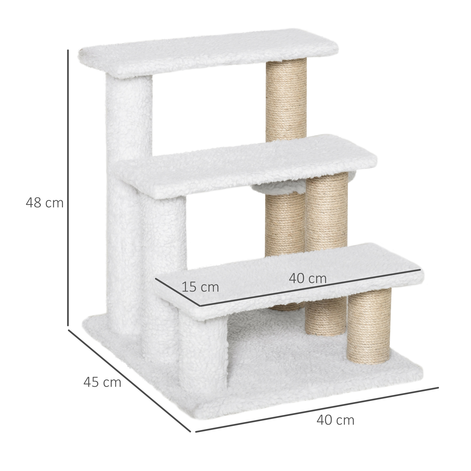 Katzentreppe 3-stufige Haustiertreppe mit Kratzsäulen Ball Hundetreppe Tiertreppe für Katzen bis 5 kg Plüsch Jute Weiß 45 x 40 x 48 cm