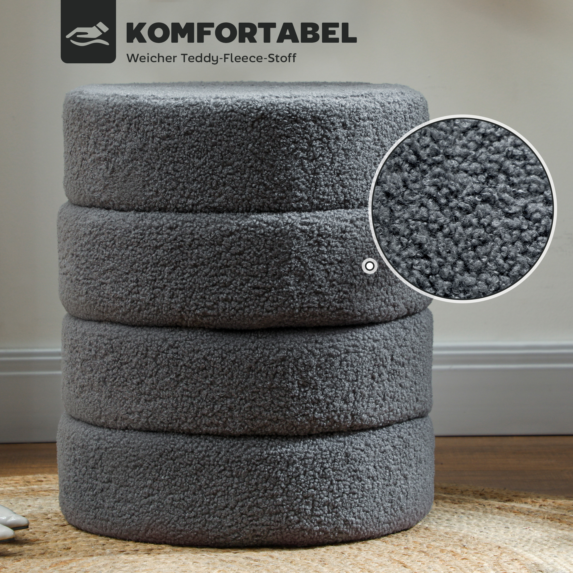 Hocker, rund, Teddyfleece, bis 120kg, ?40x45H cm, Dunkelgrau