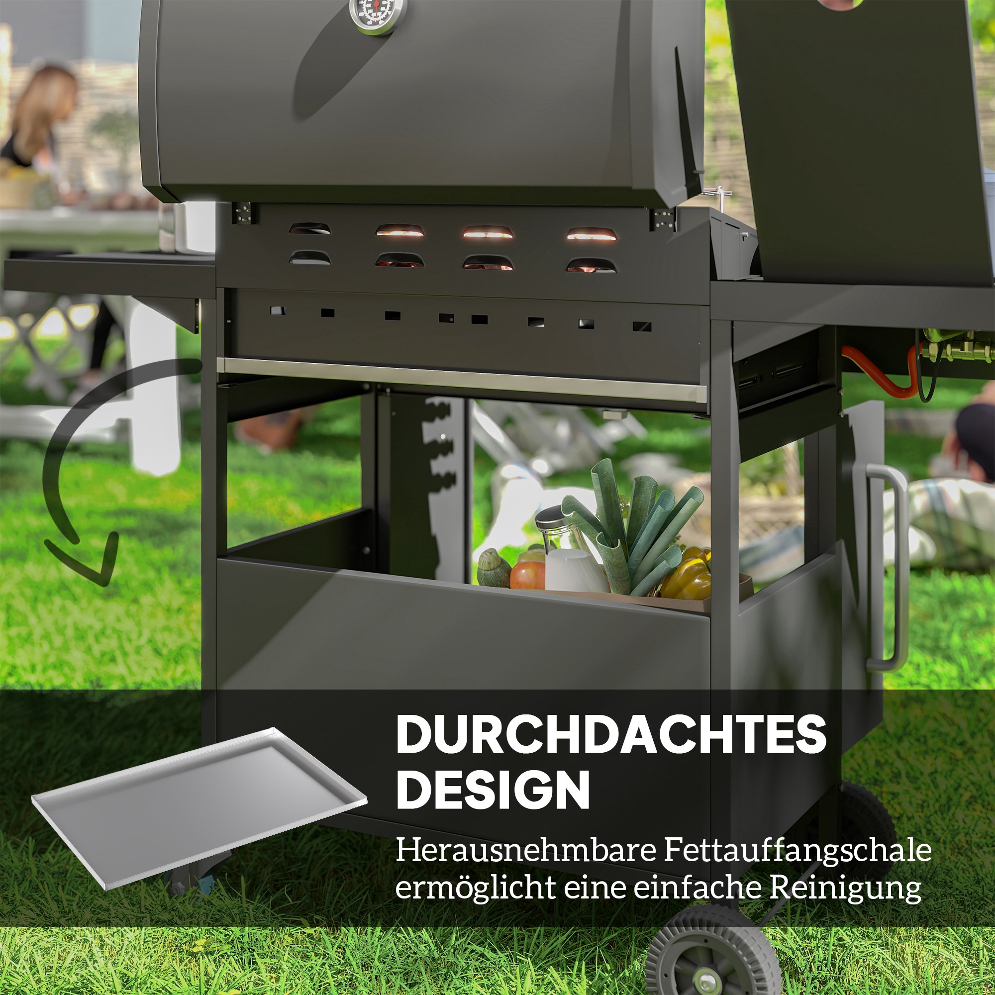 Gasgrill 15,2 KW Grillwagen inkl 5 Edelstahl-Brenner Rolle Seitenkocher 129,5 x 56 x 110 cm Schwarz
