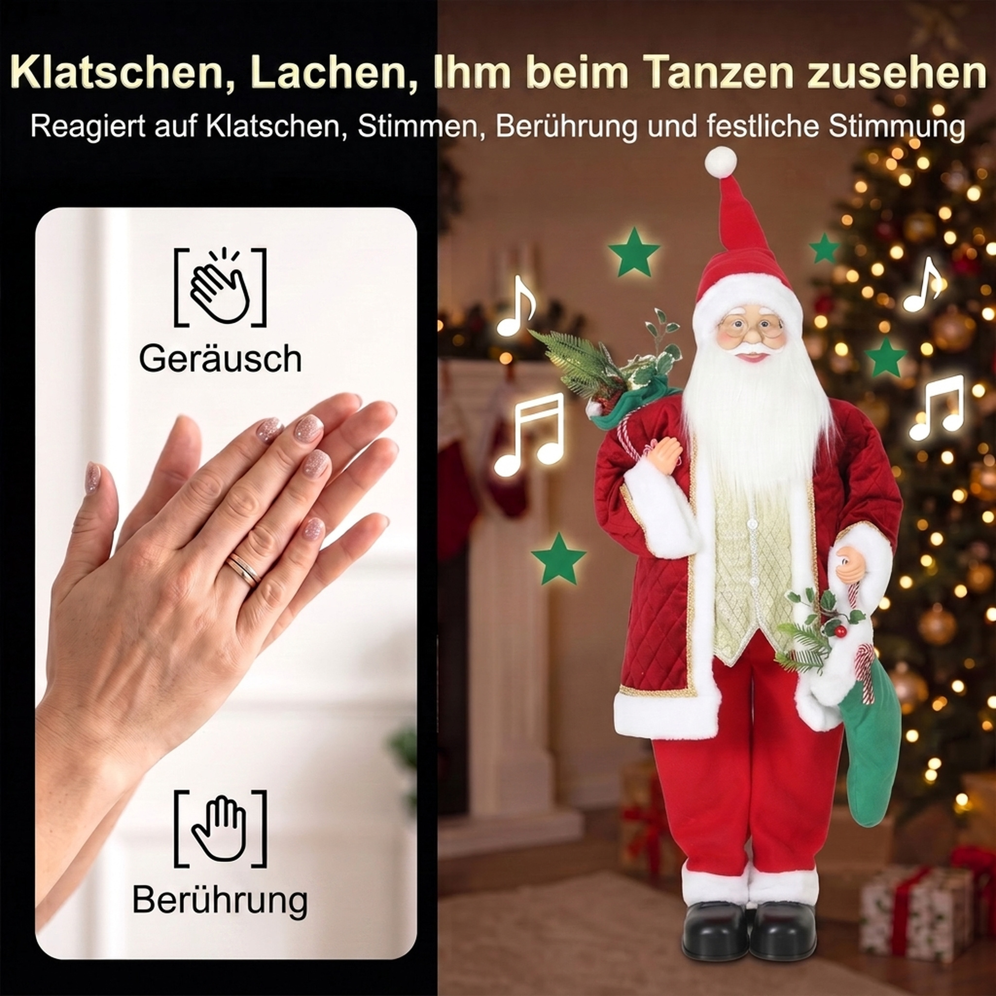 120 cm singender & tanzender Weihnachtsmann, stehende animierte Weihnachtsfigur mit Strumpf, Sack, per Sound/Berührung aktiviert