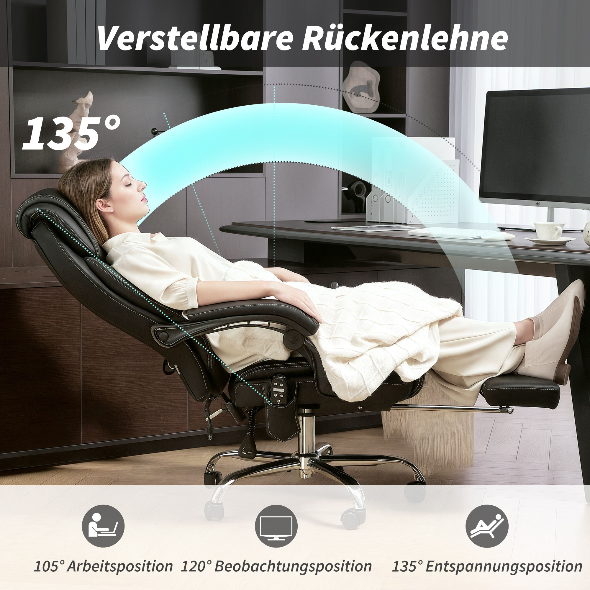 Bürostuhl Ergonomisch mit Massagefunktion Schreibtischstuhl mit Fußstütze, Kunstleder Schwarz