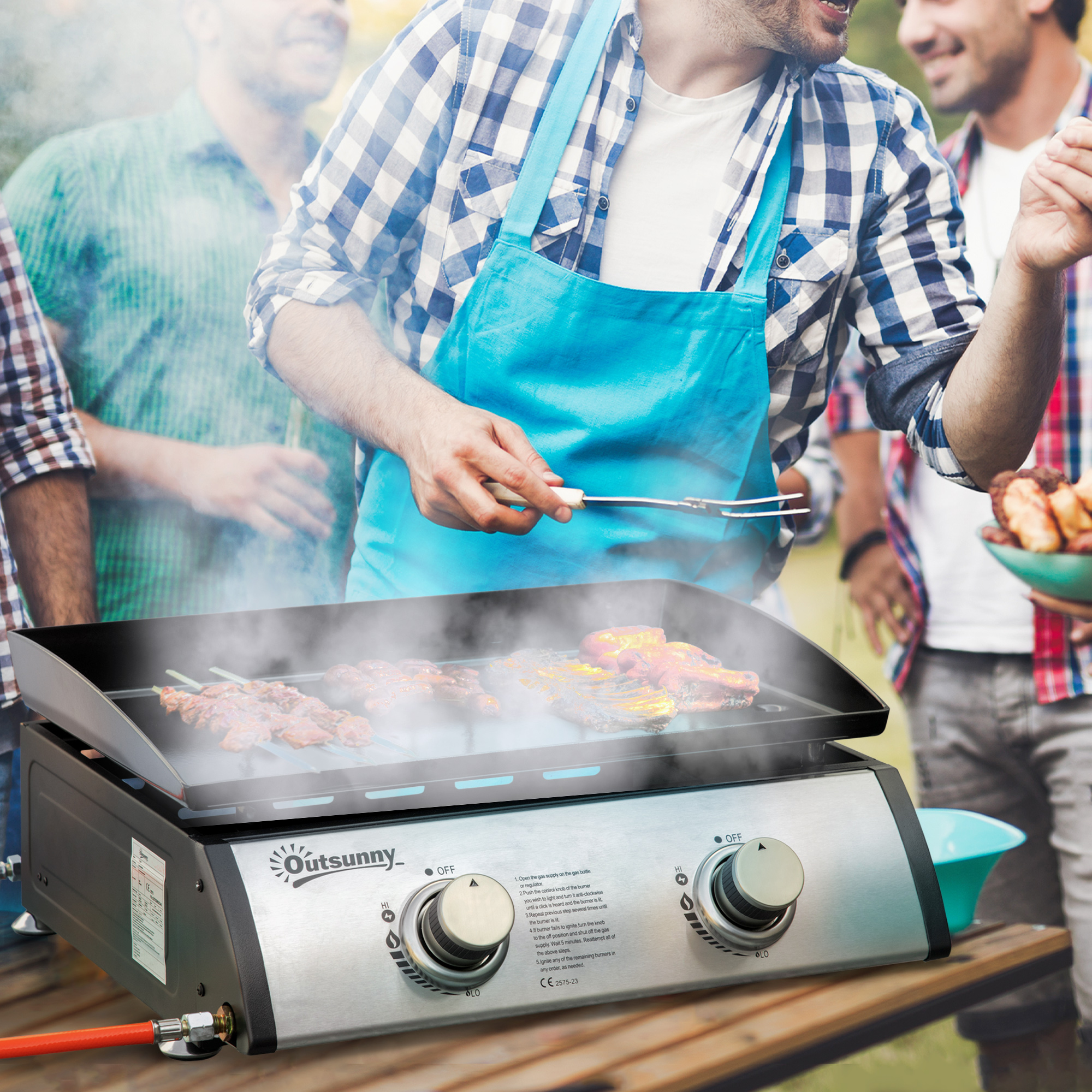 Gasgrill mit 2 Brennern, Schlauch, Antihaft-Grillplatte, Edelstahl, Farbe: Silber, 48,5 x 48 x 21 cm