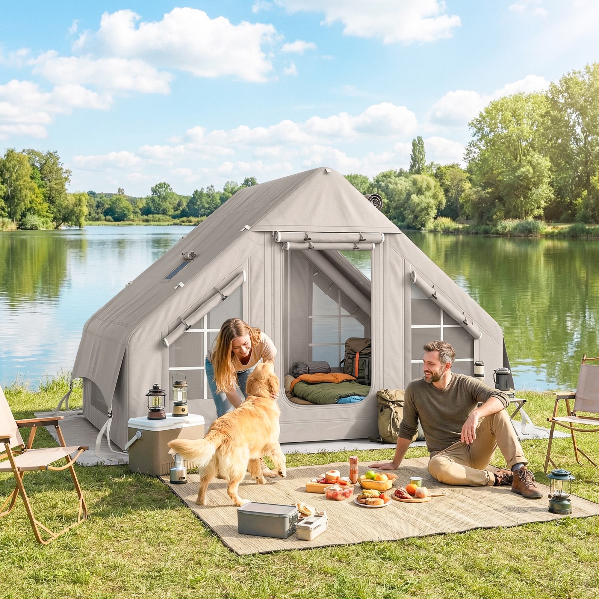 aufblasbares Zelt 5-8 Personen Schneller Aufbau 5000 mm Wasserdicht & Winddicht mit Luftpumpe Kaminöffnung Dachfenster