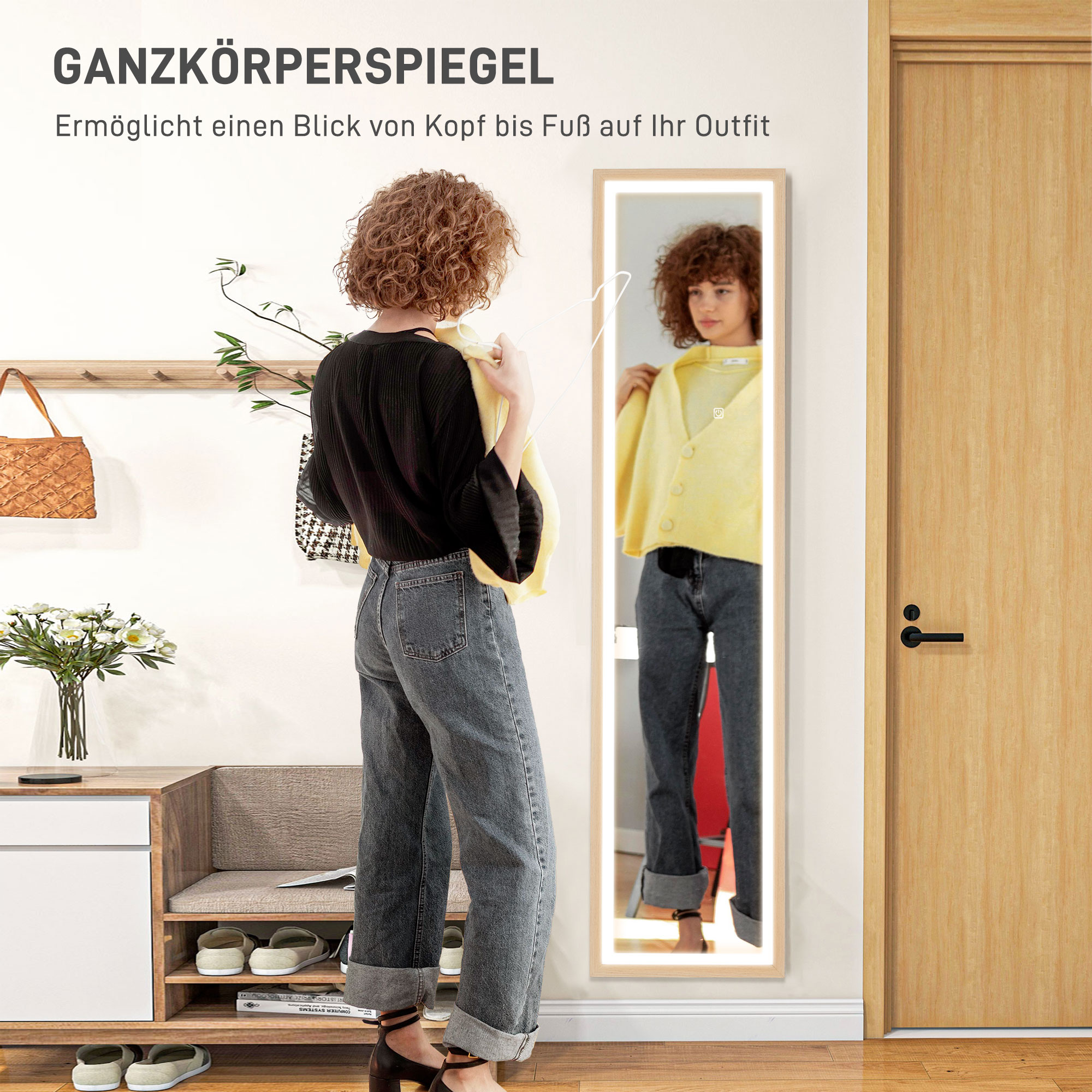 LED Ganzkörperspiegel, 40 x 160 cm, Touch-Steuerung, dimmbar, 3 Farben,  Eiche