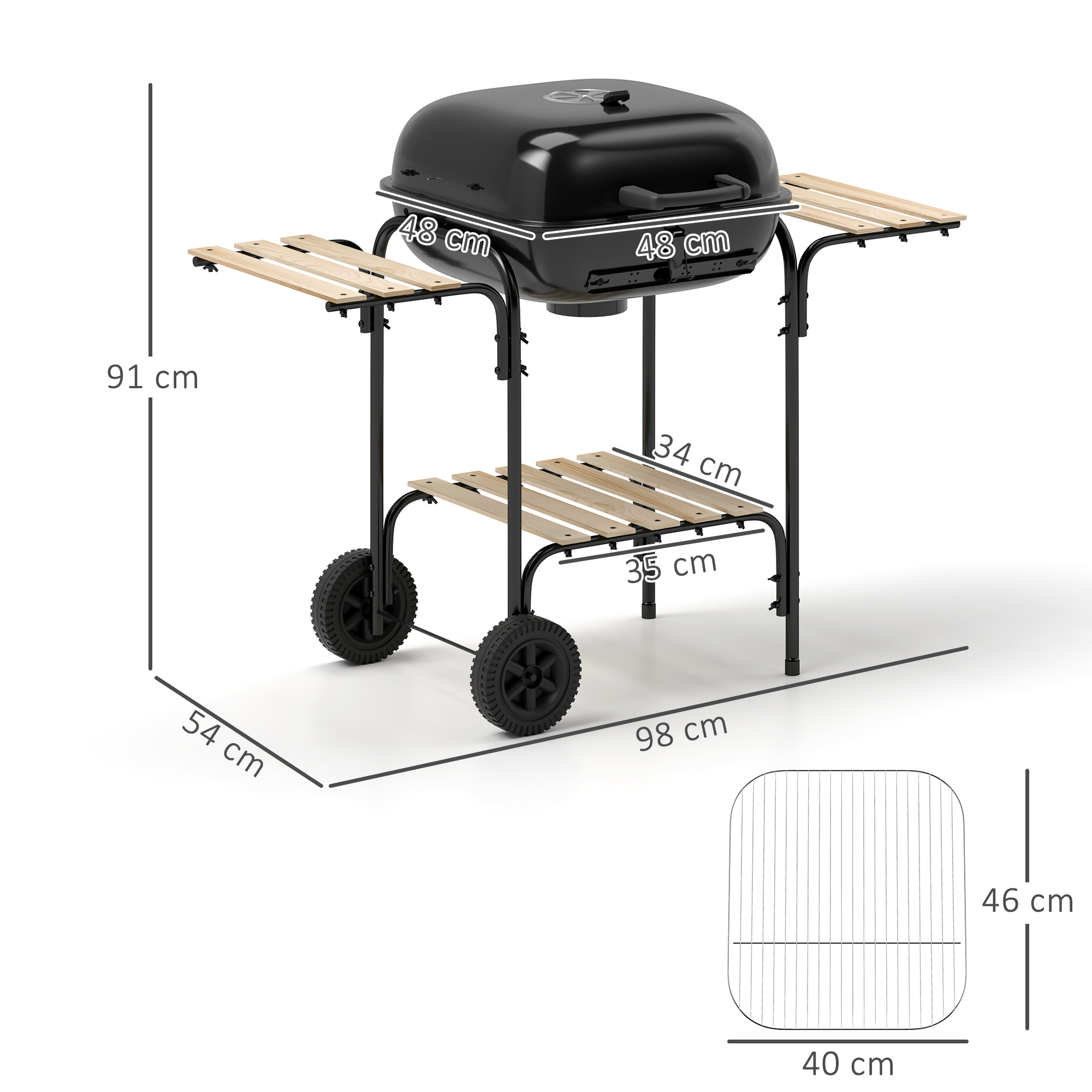 Holzkohlegrill aus Stahl Grillwagen mit abschließbarem Deckel Grillrost Räder Griff Holzablage 98 x 54 x 91 cm Schwarz