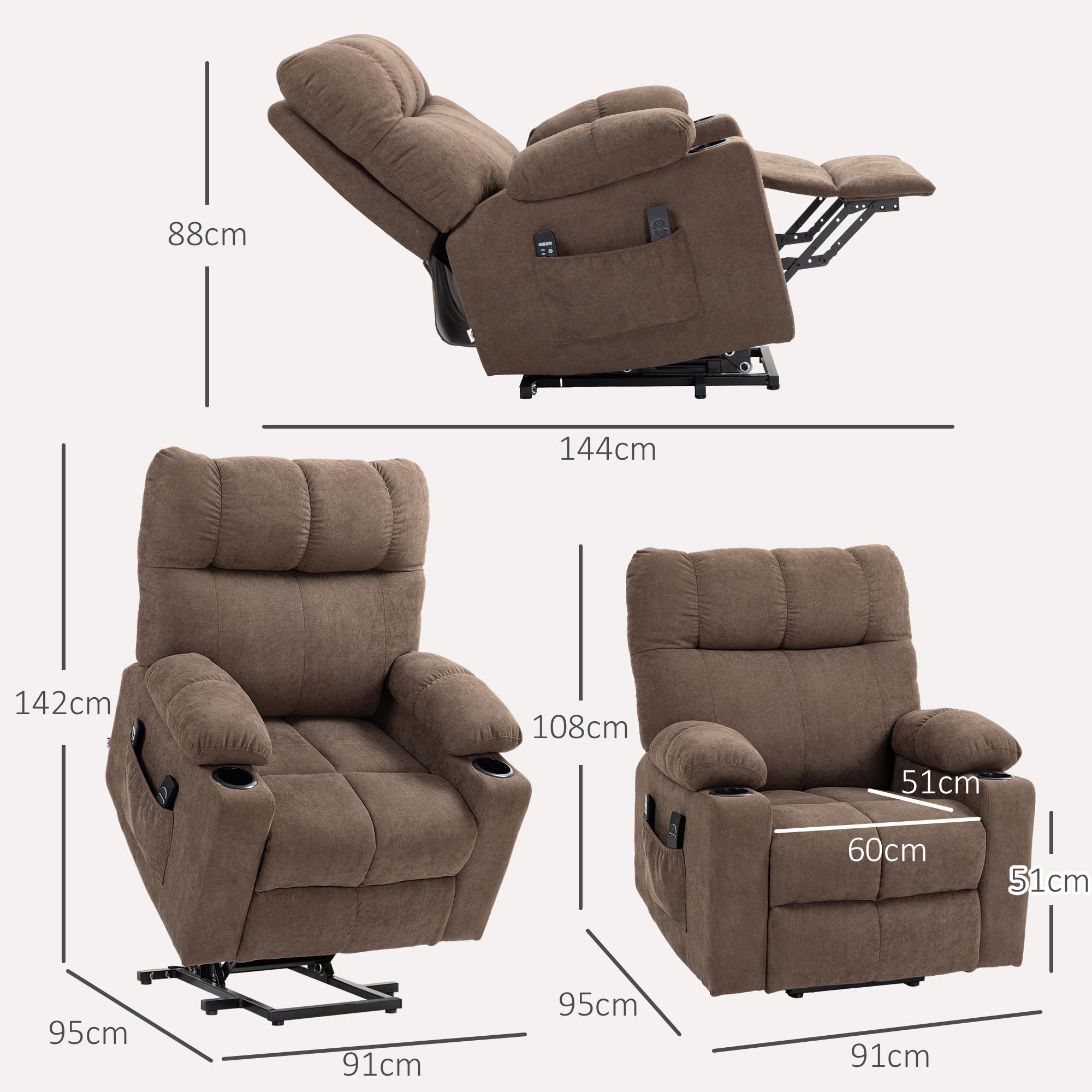 Relaxsessel mit Aufstehhilfe, elektrisch, 90x75x100cm, Braun