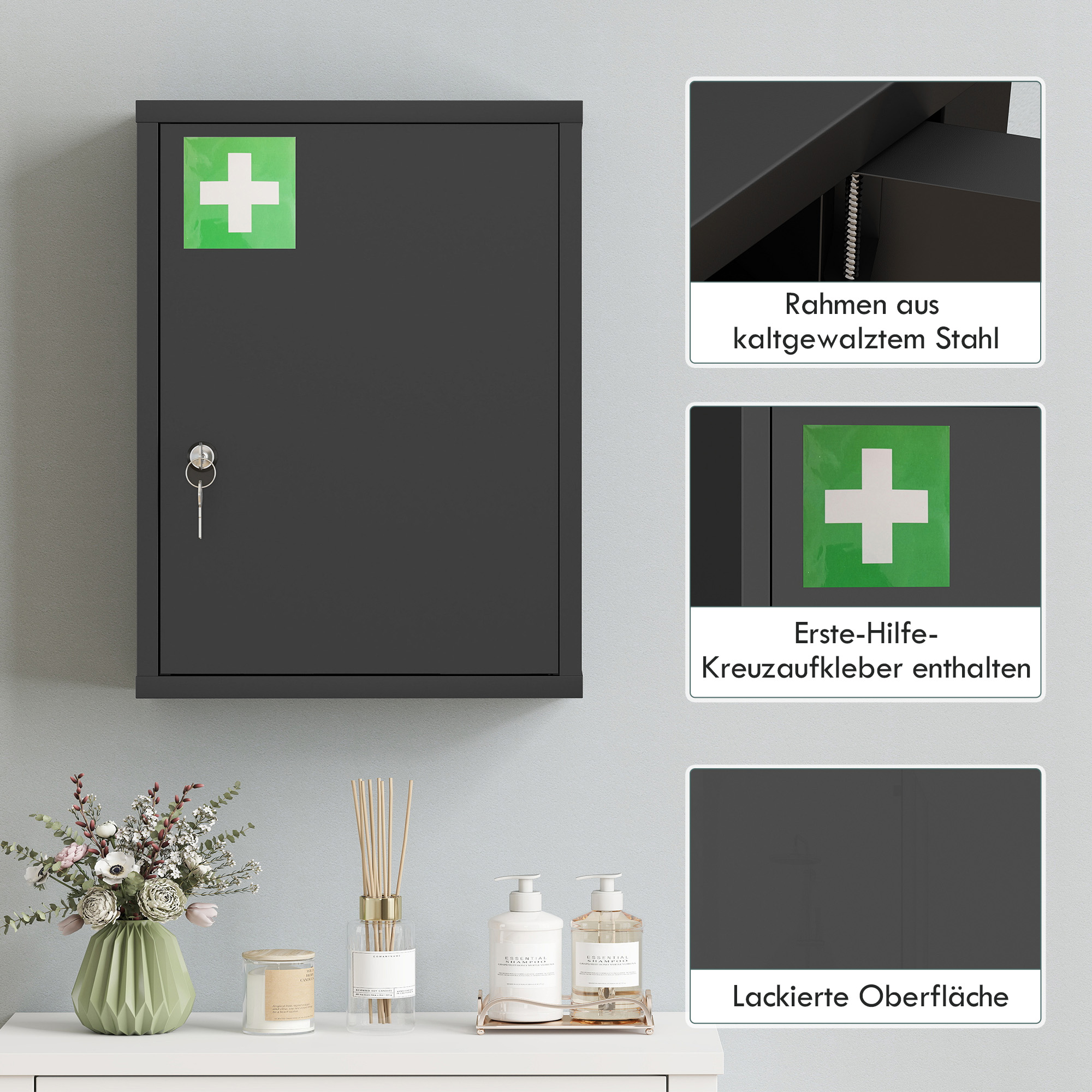Medizinschrank zur Wandmontage mit Schloss, 3-stufiger Stahl-Wandschrank, 40 x 15 x 53,5 cm, Schwarz