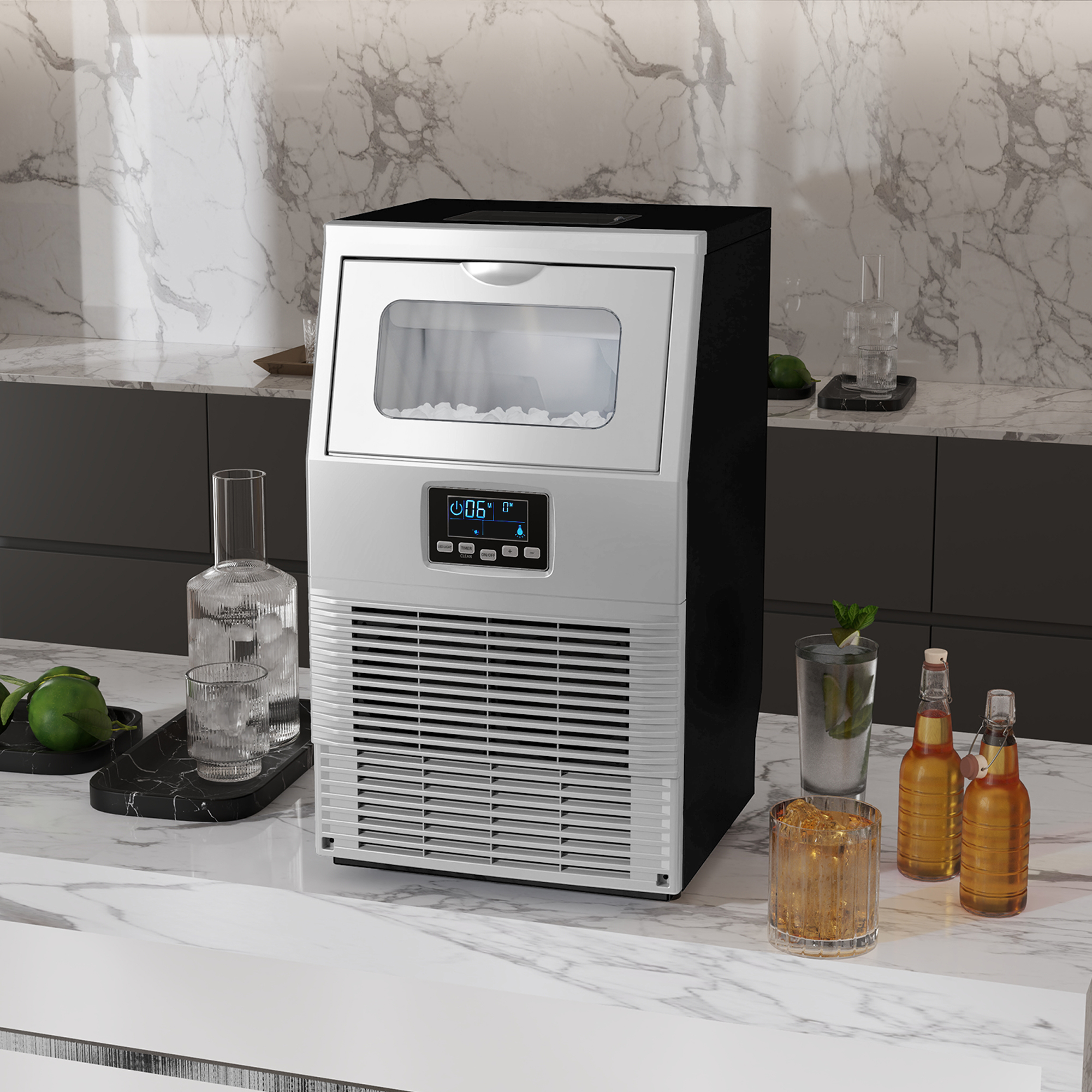Eiswürfelmaschine, LED-Beleuchtung, leicht lesbare Anzeigen, mit Schaufel, Silber