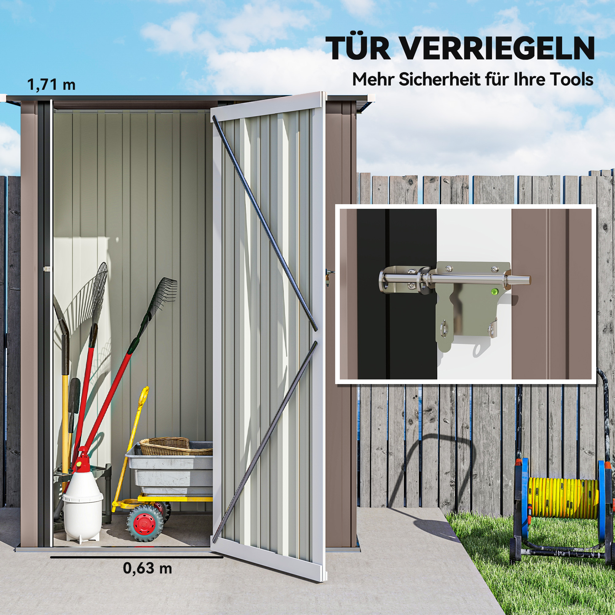 Gerätehaus 1,07 m² mit Schrägdach, 142 x 84 x 189 cm Geräteschuppen mit abschließbar Tür, Gartenhaus, Stahl, Braun