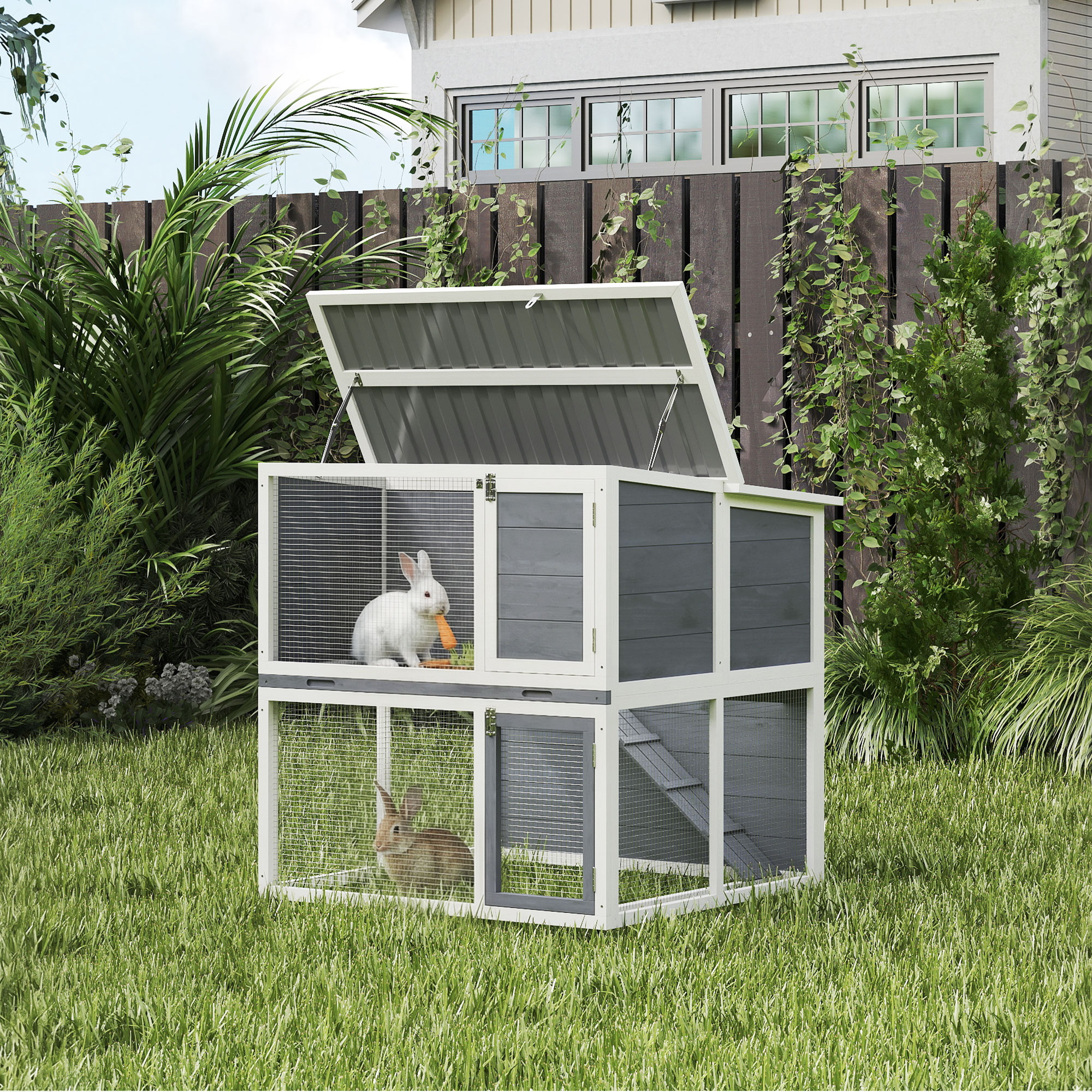 Hasenstall 2 Etagen Kaninchenstall aus Holz mit wetterfest aufklappbar Dach, Freilaufgehege, Rampe, 98x95x102,5 cm Grau