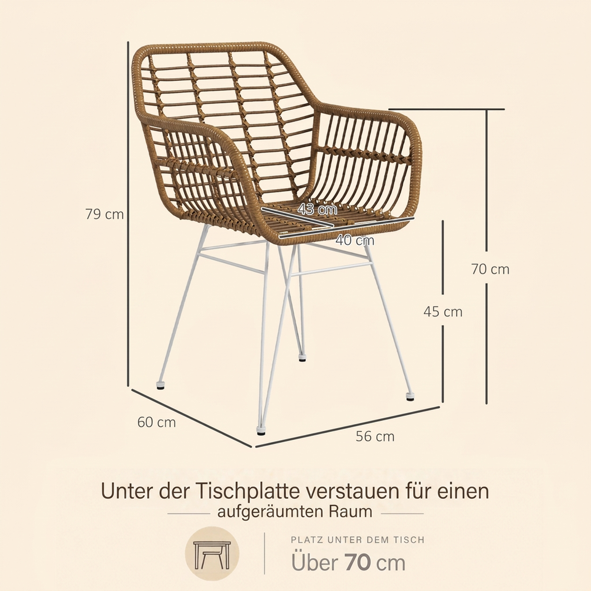 2-er-Set Stühle im Boho-Stil, Küchenstühle, PE-Rattan, 56 x 60 x 79 cm, Natur + Weiß
