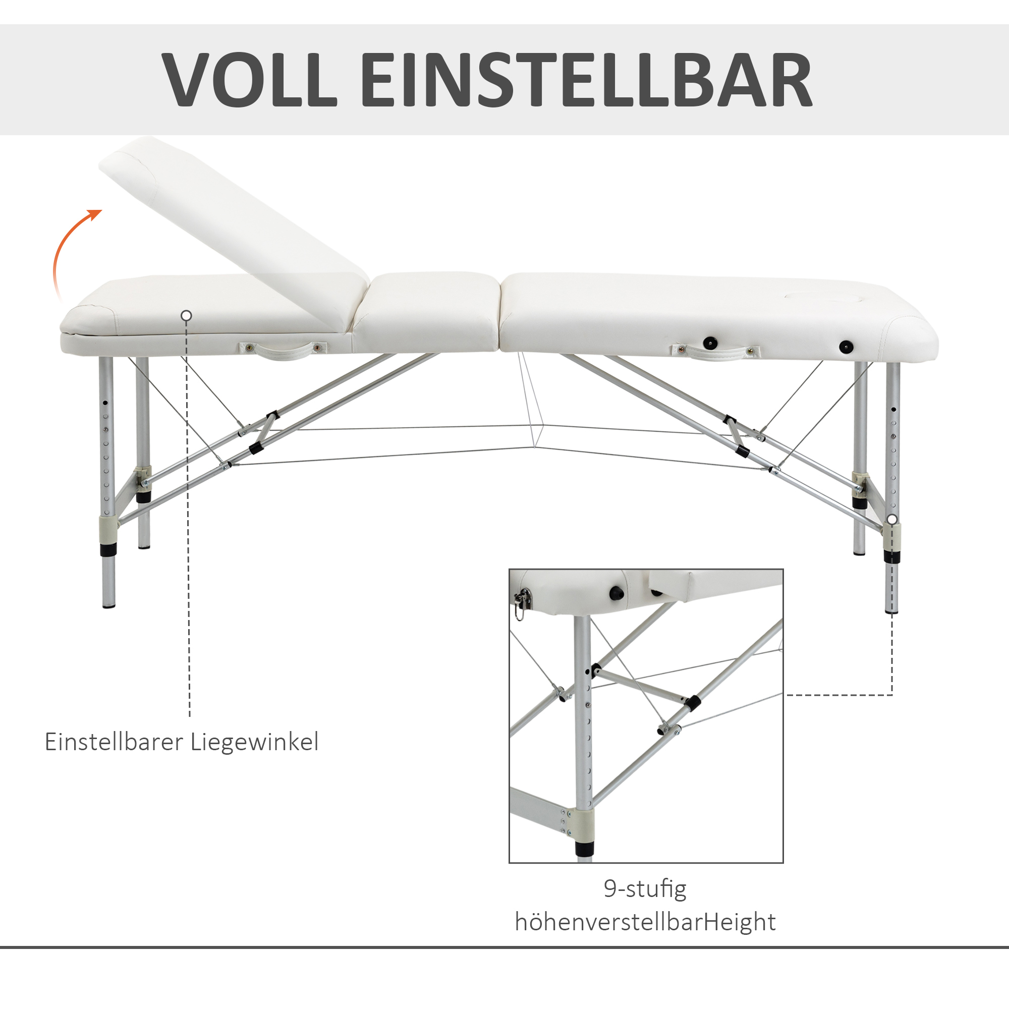 mobile Massageliege 3 Zonen klappbar Massagetisch mit Kopfstütze Armlehne Tragetasche höhenverstellbare Aluminium Massagebett tragbar inkl. Zubehör Massagebank bis 225 kg Belast Weiß