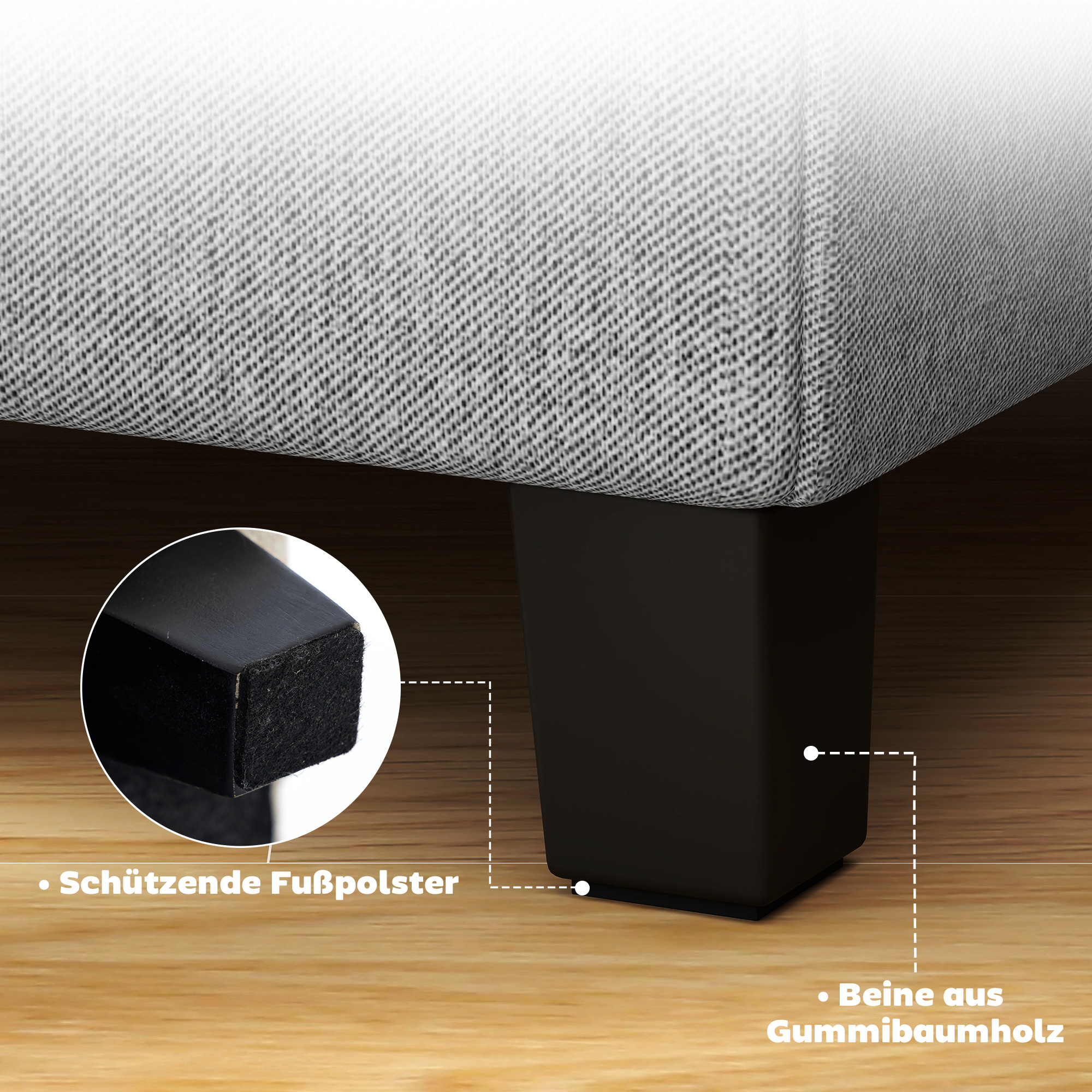 Quadratischer Hocker, kleiner Ottoman mit Seitentasche, Fußstütze aus Stoff in Leinenoptik mit Gummibaumholzbeinen, Hellgrau