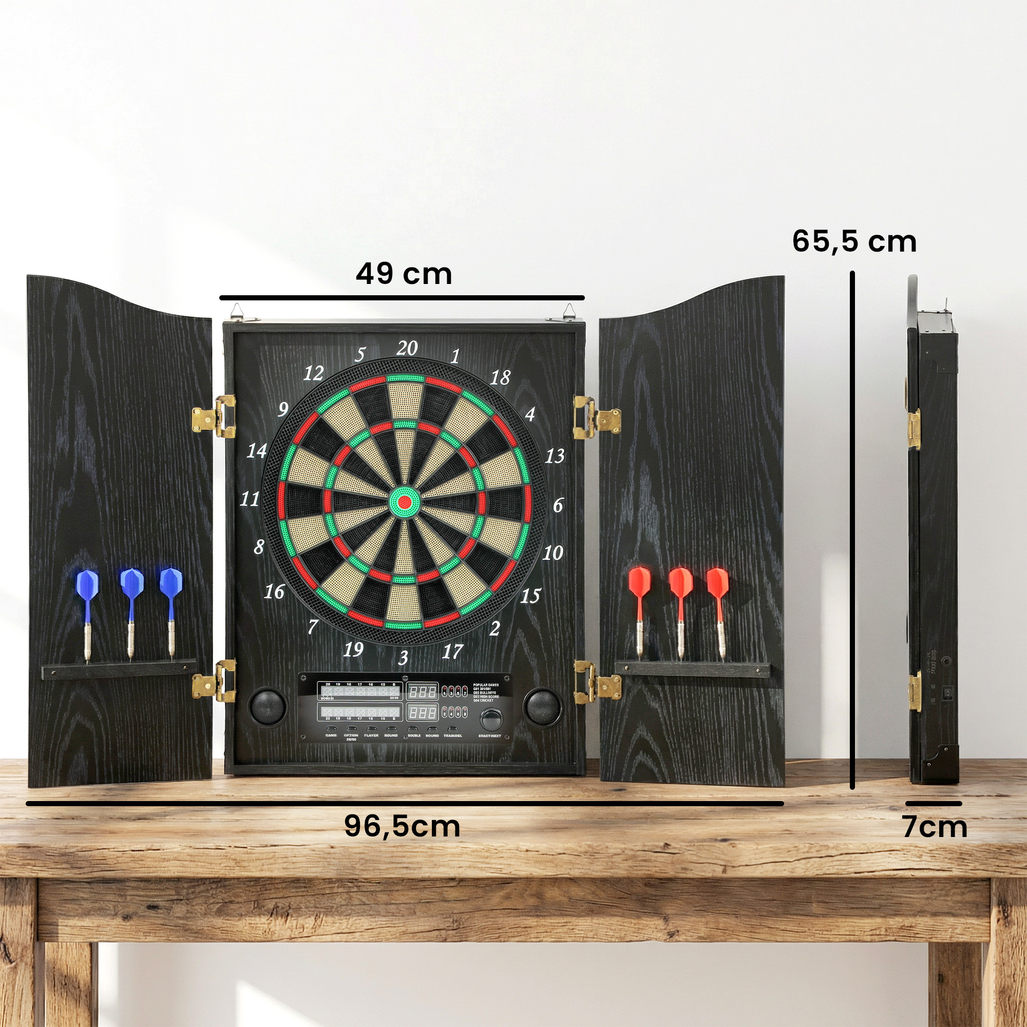 Elektronische Dartscheibe E Dartboard mit Türen Holzoptik LED Anzeige Sprachansagen 6 Dartpfeile, 24 Ersatzspitzen