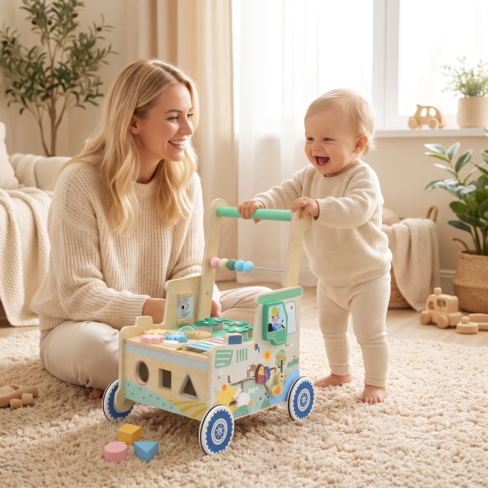 Baby Lauflernwagen Lauflernhilfe mit Rädern Bauklötze Stauraum Montessori Aktivitätszentrum für 1-3 Jahre Grün
