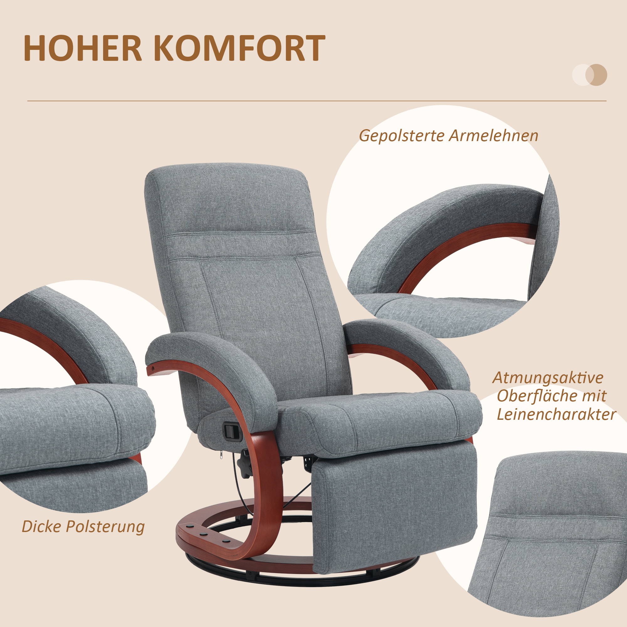 Relaxsessel mit klappbarer Fußstütze, drehbar, neigbare Lehne, Leinenoptik, bis 140 kg, Grau