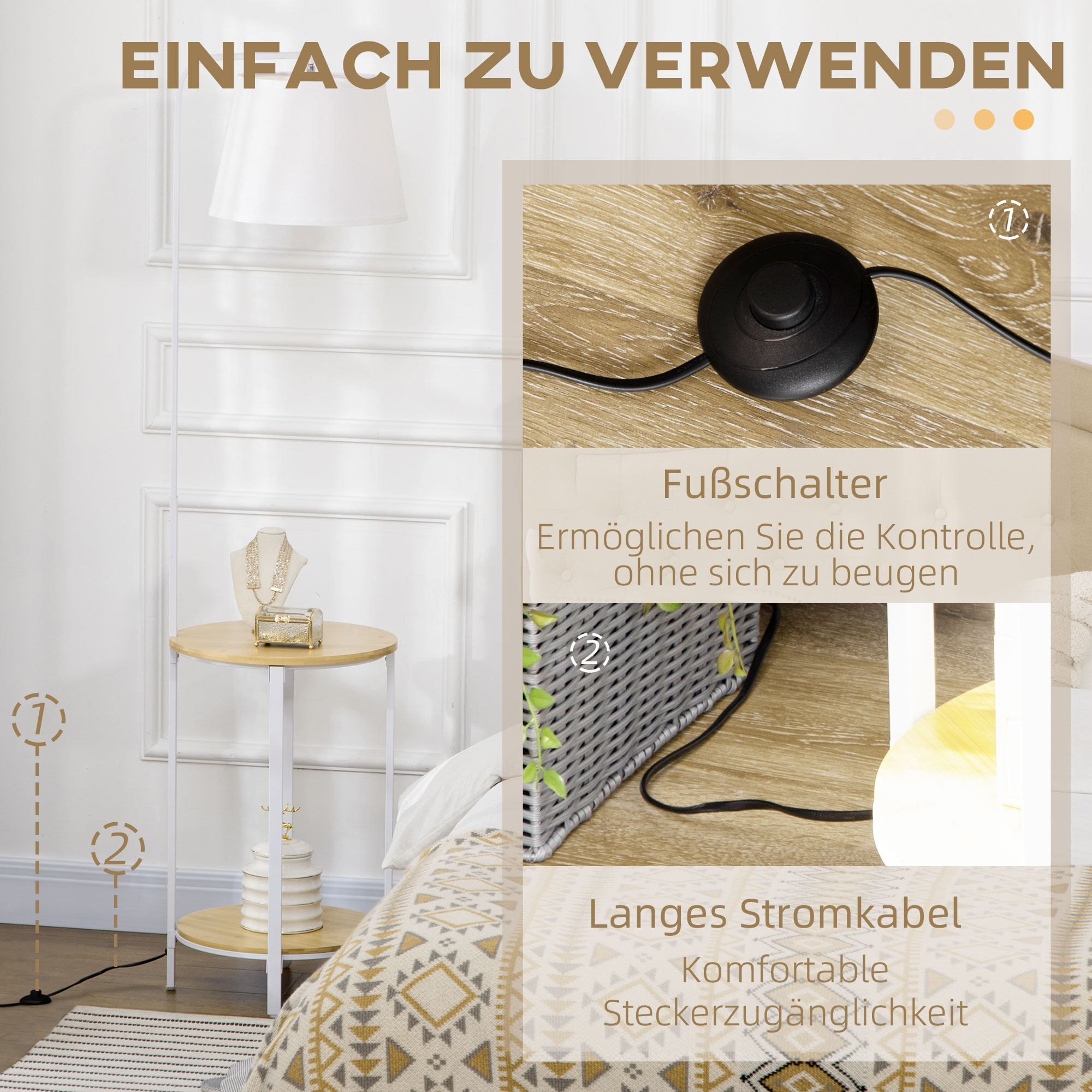 Stehleuchte mit 2 Regalen, Standleuchte, Fußschalter, 40 W. E 27, Natur + Weiß