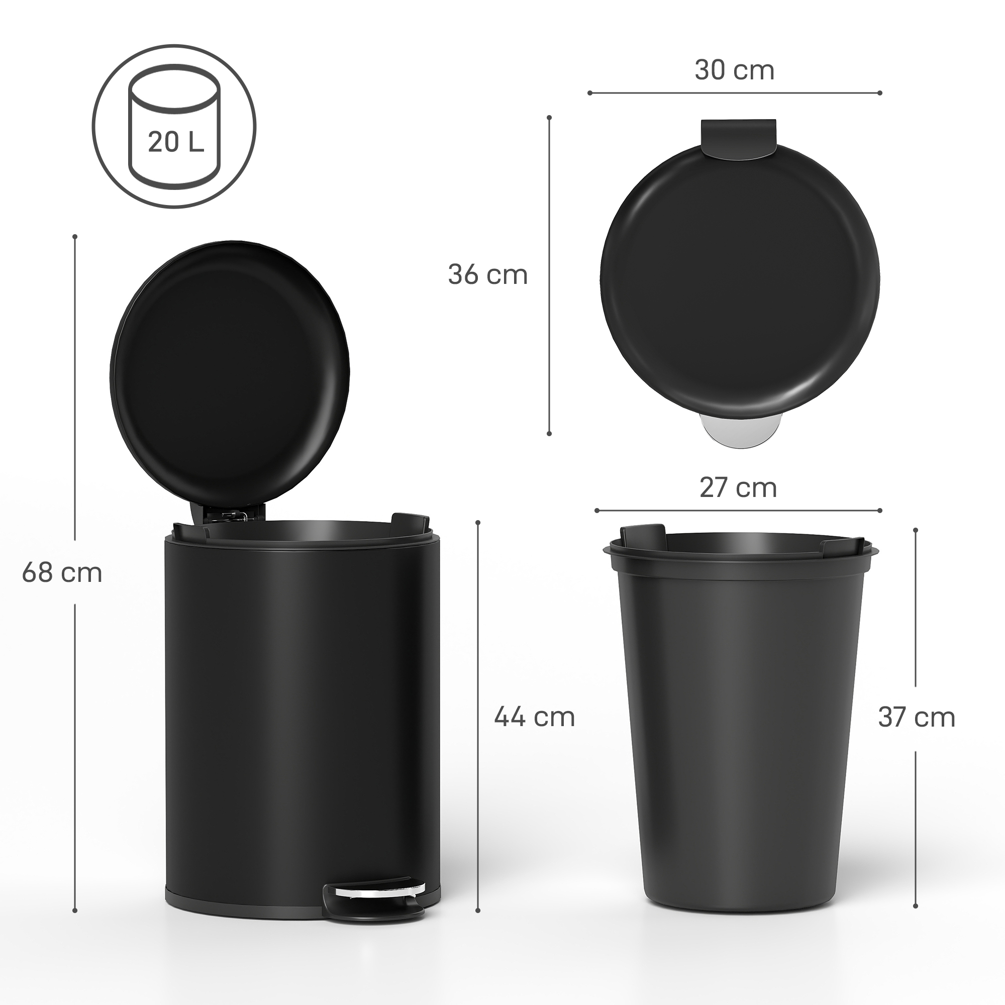 20-Liter Küchen-Mülleimer, Fingerabdruckresistenter Metall-Abfalleimer mit Soft-Close-Deckel, Fußpedal und herausnehmbarem Eimer, Schwarz