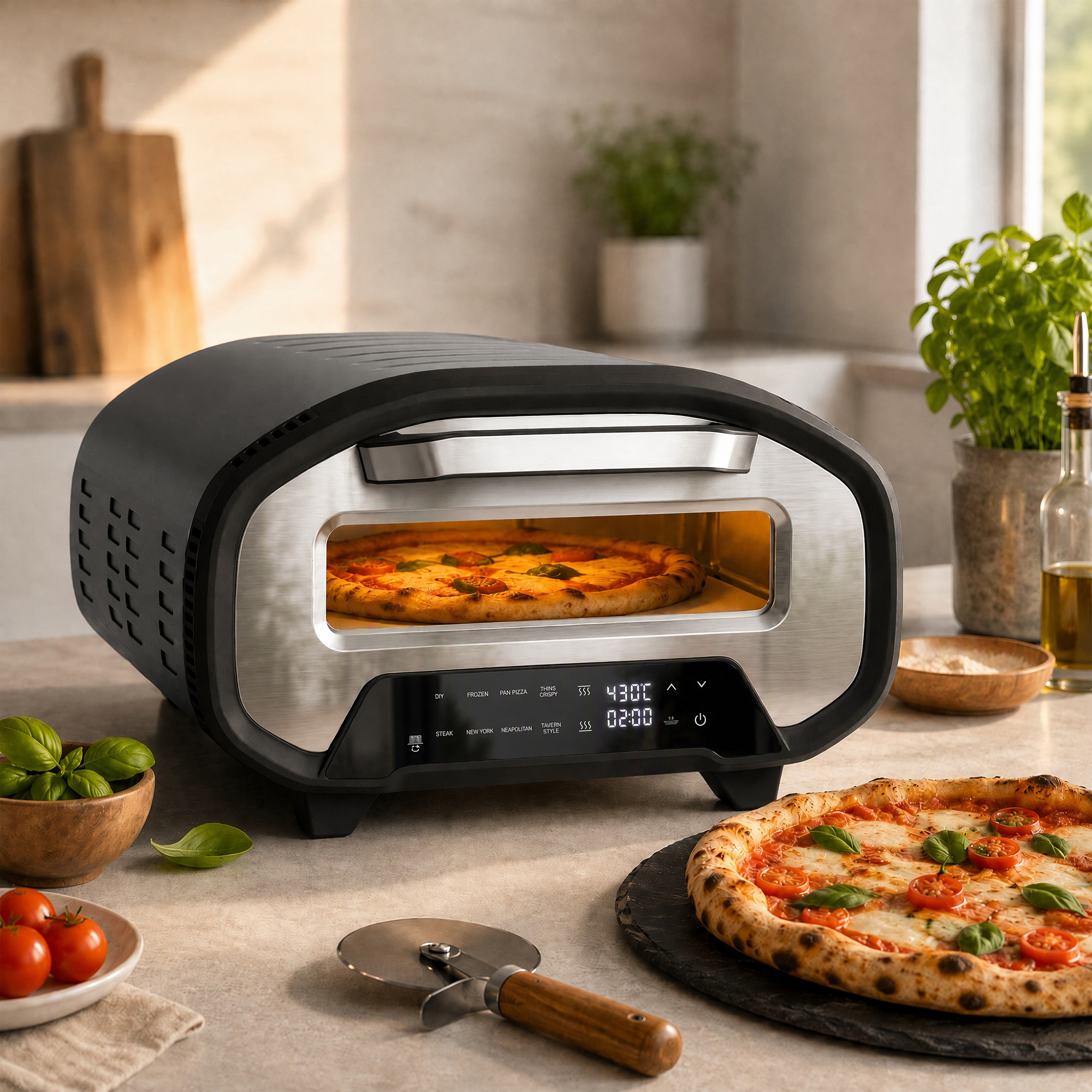 Pizzaofen für innen, 12 Zoll elektrischer Pizzaofen mit 8 Programmen, 430 °C, Timer, Keramikstein, 2200 W