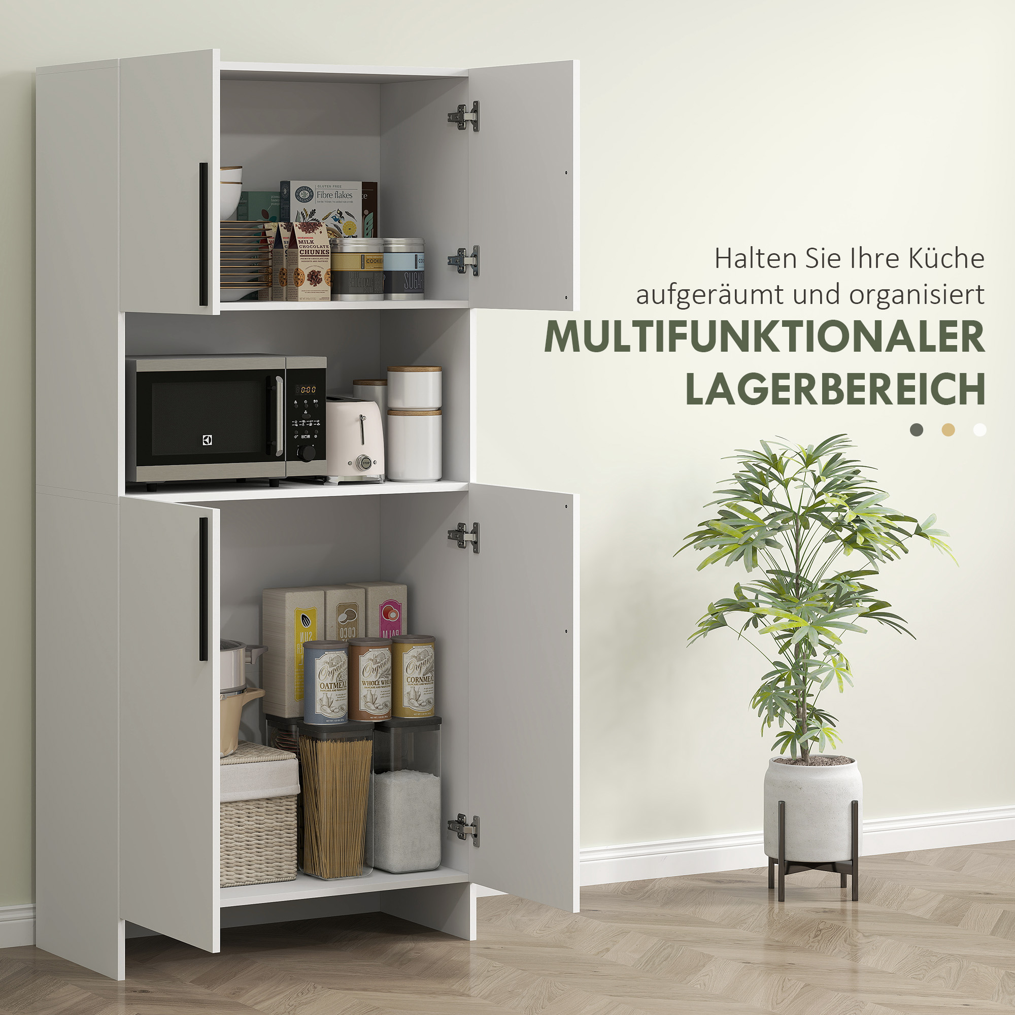 Küchenschrank, Vorratsschrank für Küche, Wohnzimmer, Esszimmer, Schränke, Regale, Mikrowellenablage, Spanplatte, Weiß