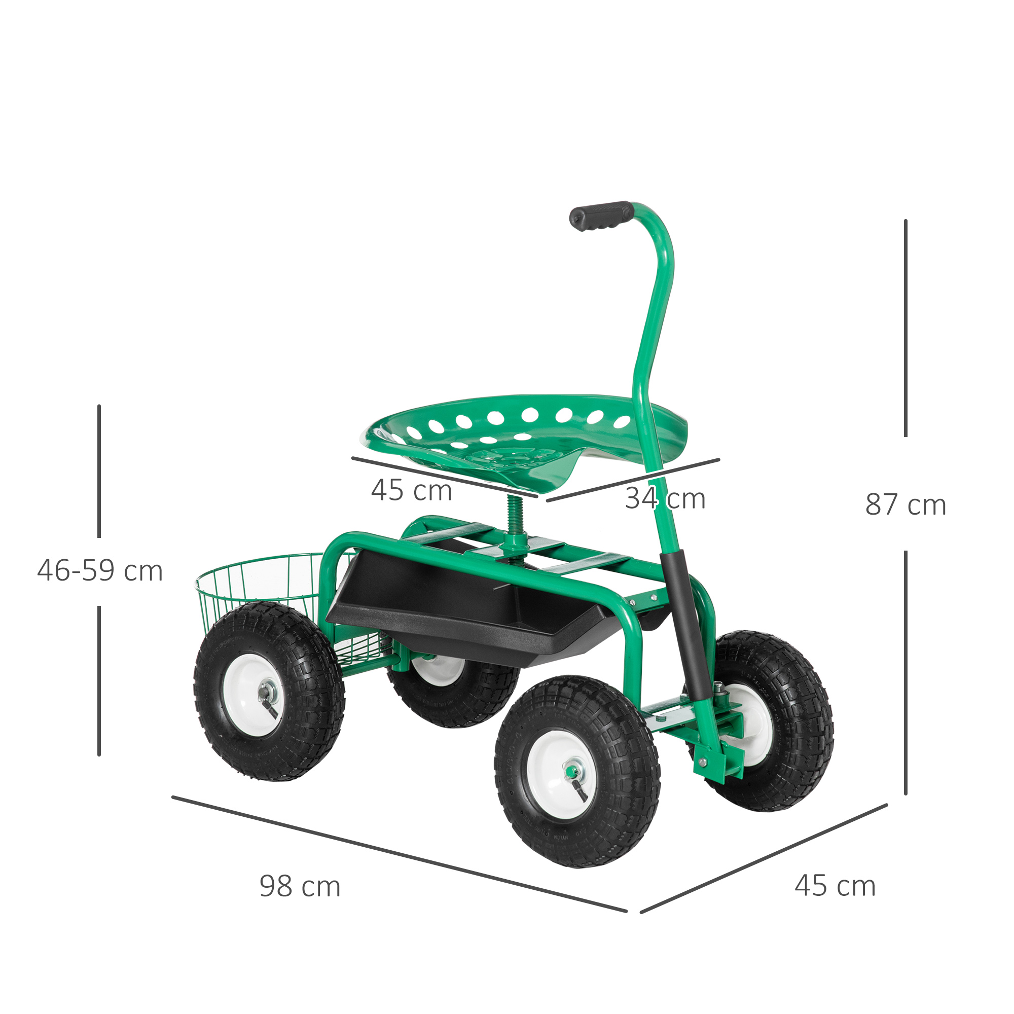 Gartenwagen mit Rollsitz bis 150 kg mit Ablage Korb für kleine Gartengeräte Werkstattwagen fahrbar Gartensitz Richtung steuerbar Sitzhöhe 46-59 cm höhenverstellbar Metall Gummi Grün