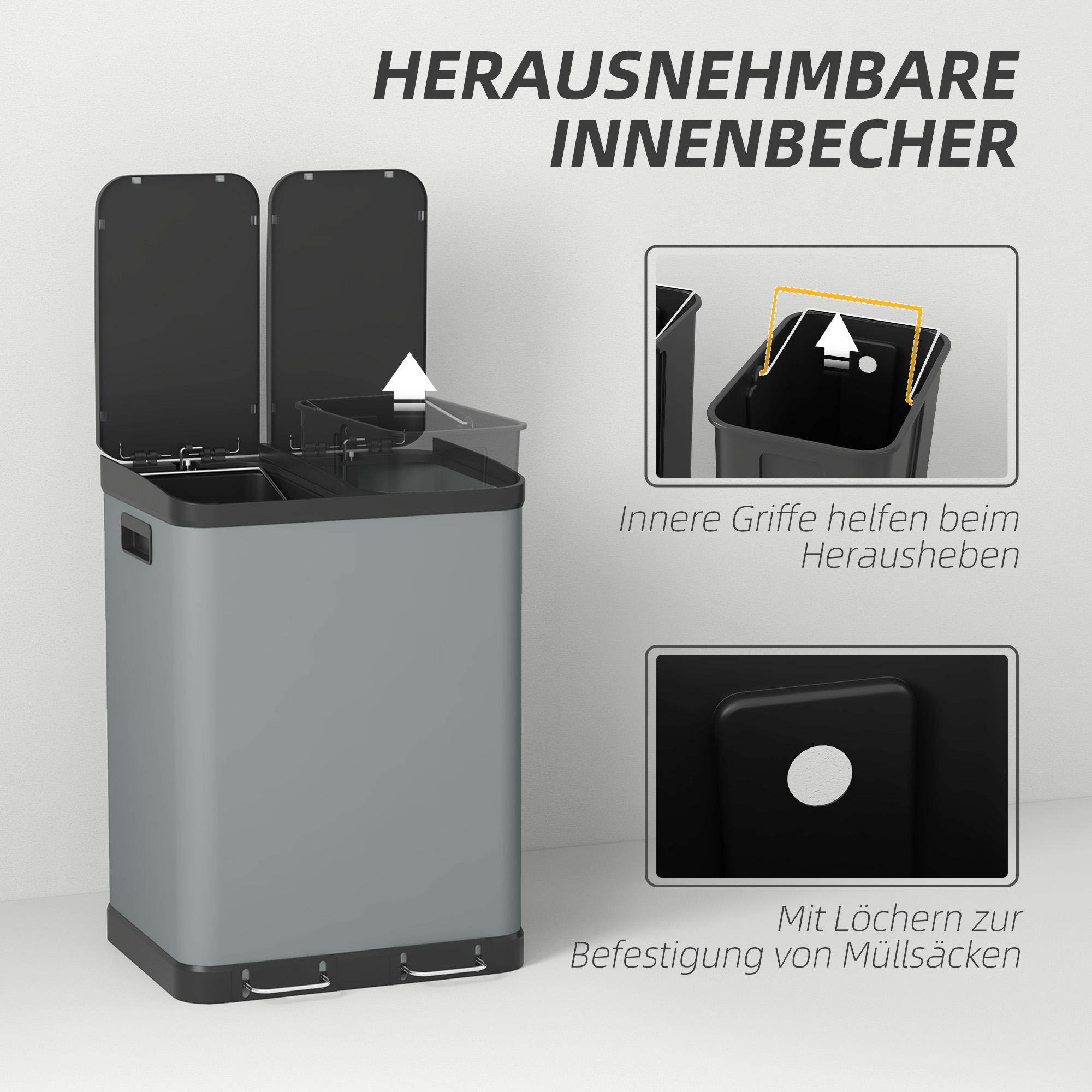 Doppelfach-Mülleimer, 2 x 30L, fingerabdruckresistent, Pedal, herausnehmbare Inneneimer, Grau
