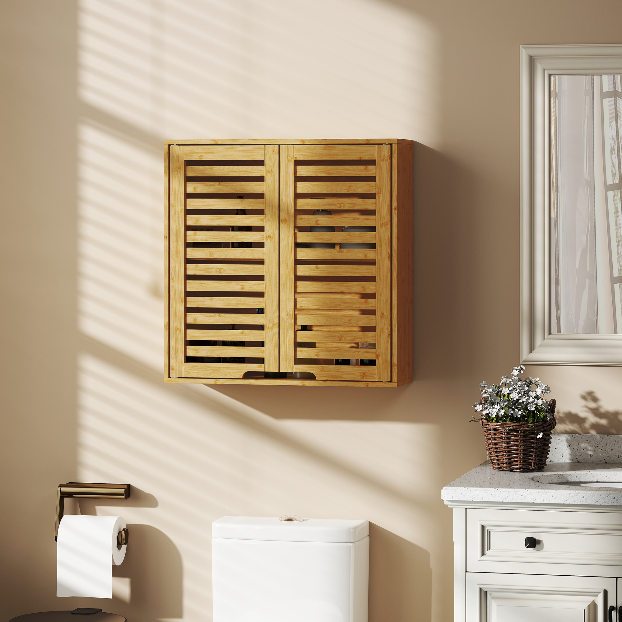 Badezimmerschrank Hängeschrank aus Bambus mit atmungsaktiv Lamellentüren, verstellbar Ablage 60 x 20 x 60 cm Naturholz