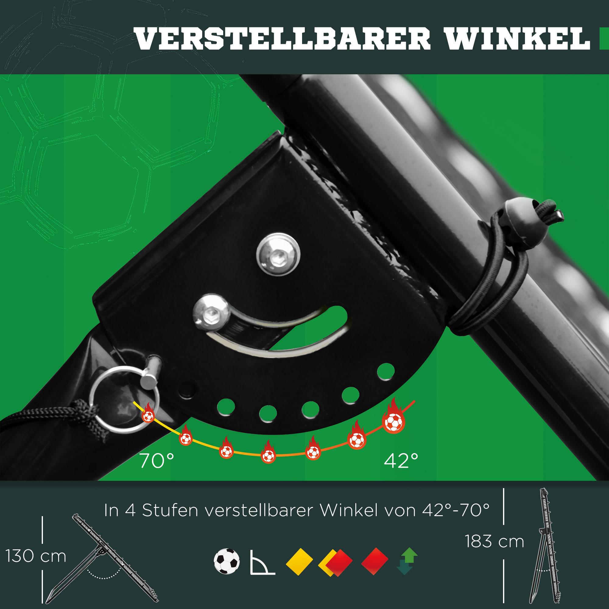 Fussball-Rückprallnetz, verstellbarer Winkel, höhenverstellbar, Rebounder, Kickback, Schwarz