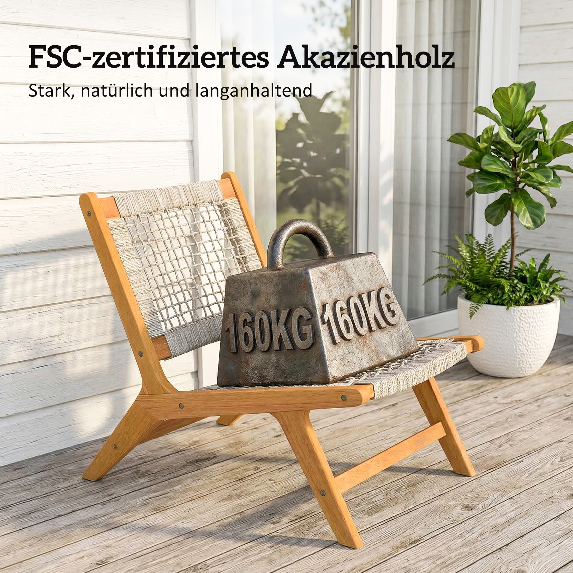 Gartensessel mit Hocker 2-teilig FSC Akazienholz Outdoor Loungesessel mit Rattan-Sitz Boho-Stil verstellbare Füße