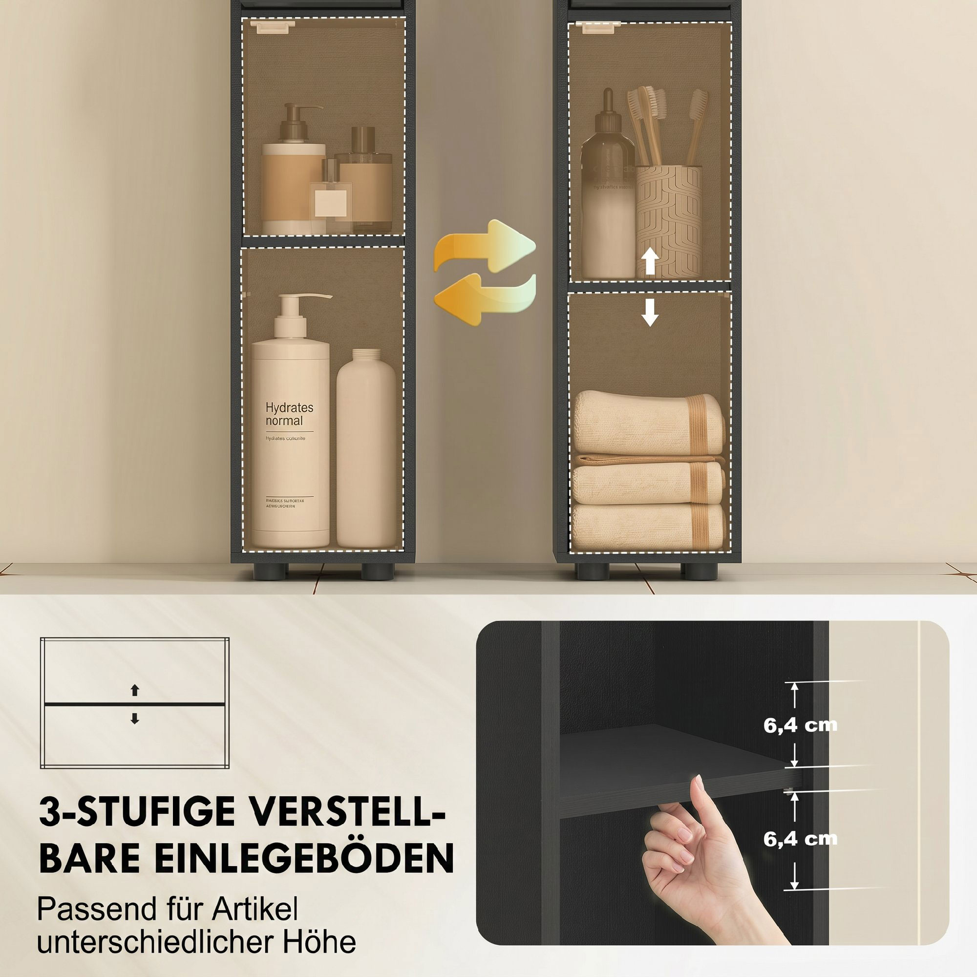 180 cm Schmaler Badezimmerschrank, Toilettenpapierregal mit offenen Fächern, 2 Schränken, Schwarz