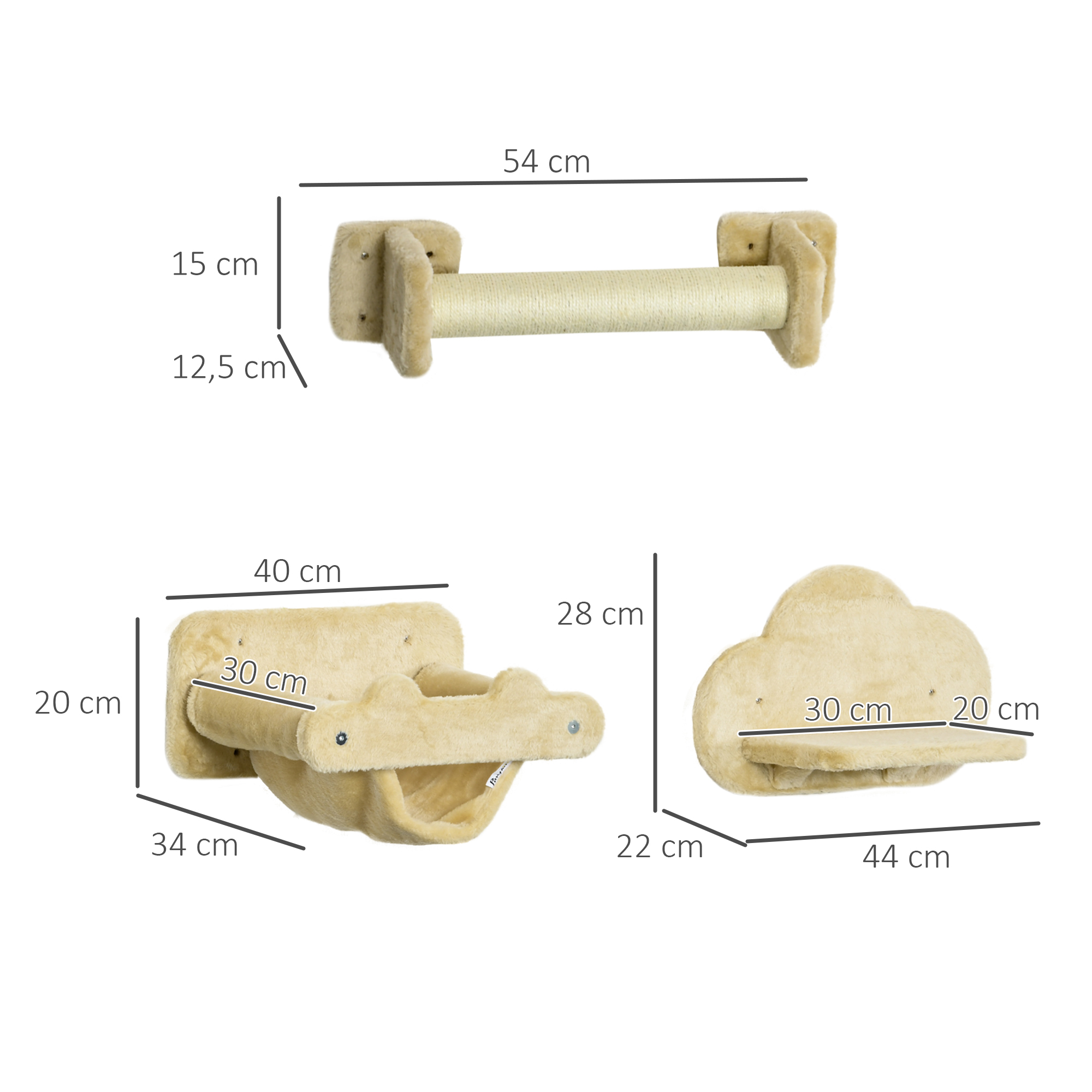Katzentreppe, 5-teiliges Set, 2 Kratzstämme, 2 Plattformen mit Plüschbezug, Hängematte, beige