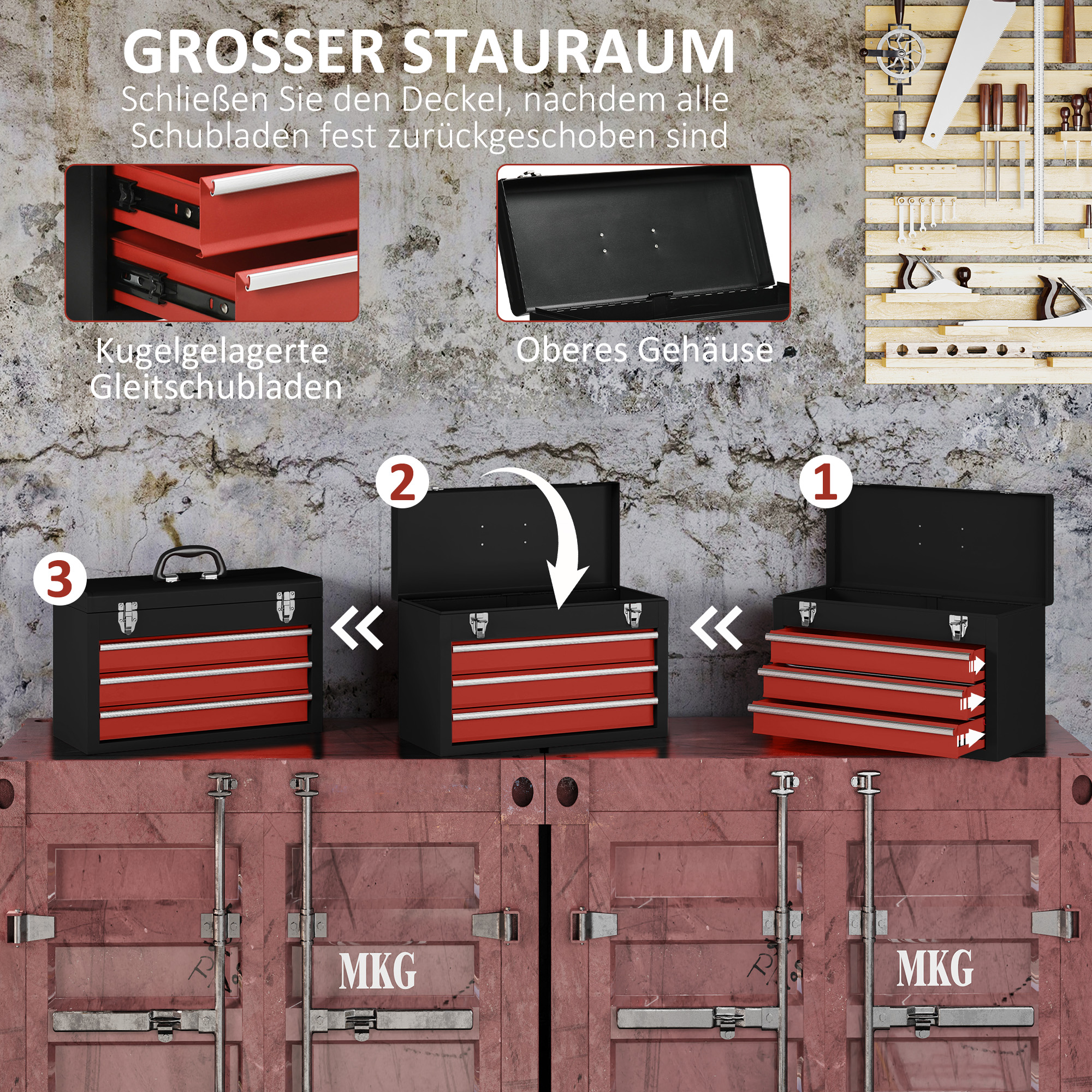 Werkzeugkoffer, Werkzeugkasten, 3 Schubladen, abschließbar, Stahlgehäuse, schwarz+rot, 51 x 22 x 32 cm