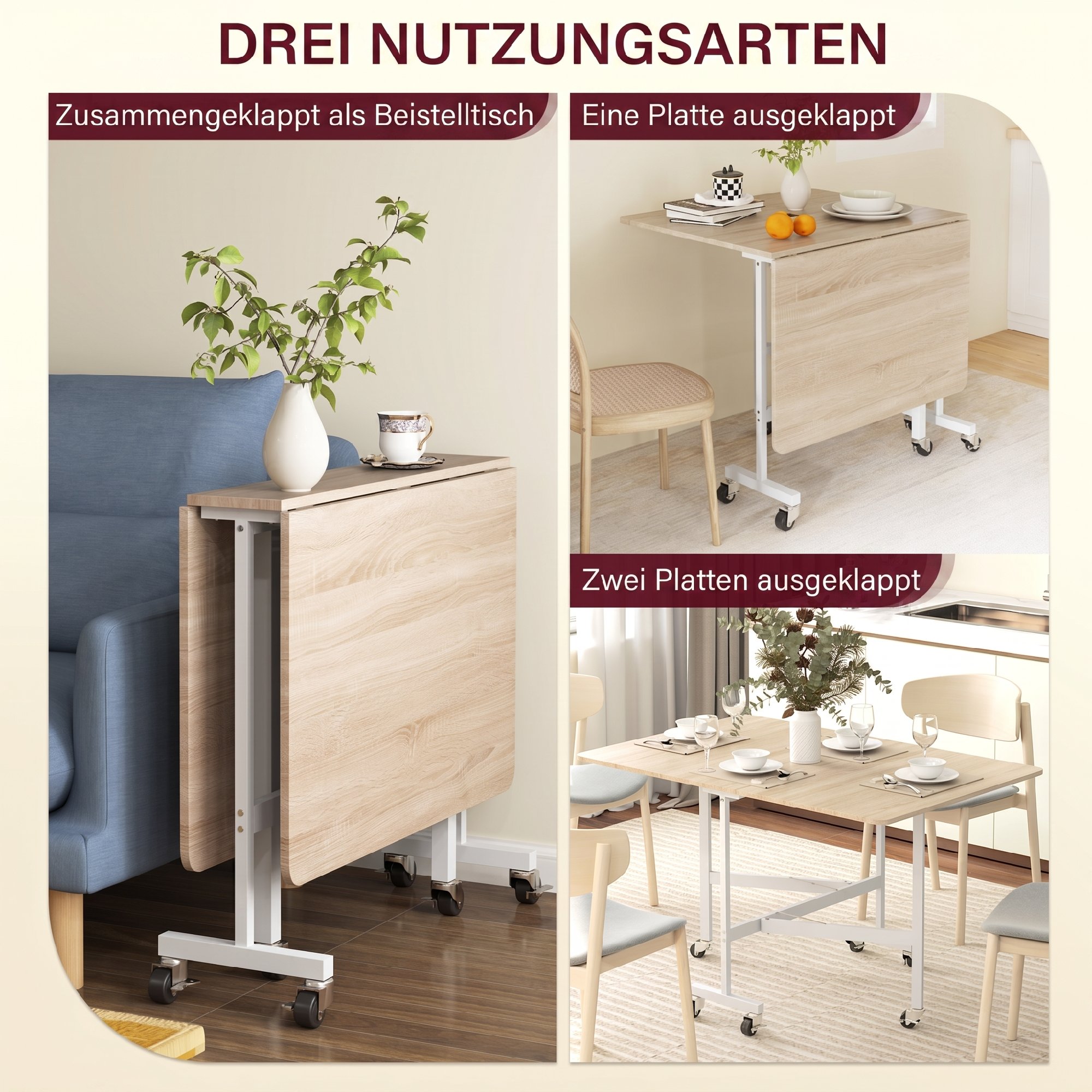 klappbarer Esstisch, für bis zu 6 Personen geeignet, mit 6 Rollen und Bremsen, für kleine Räume, Eiche