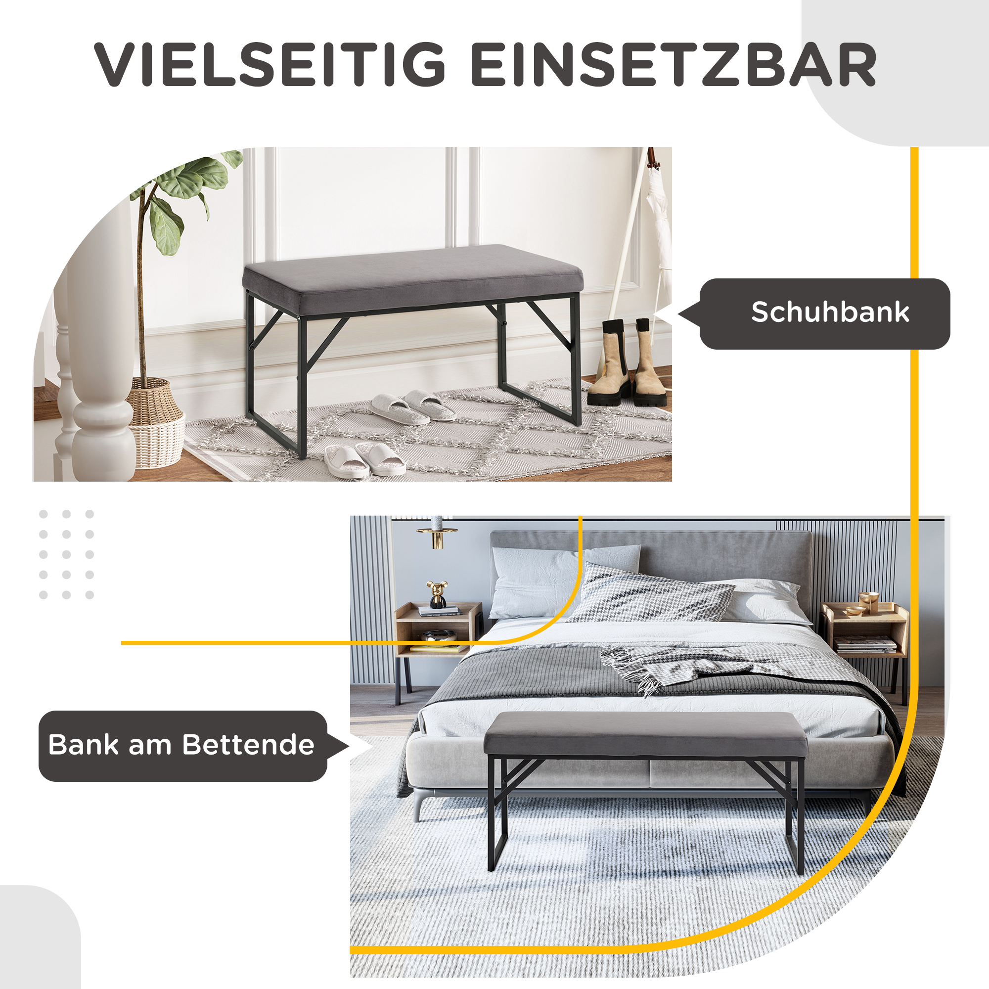 Sitzbank mit Polsterauflage, Schuhbank, Flurbank, inkl. Polster, Dunkelgrau + Schwarz
