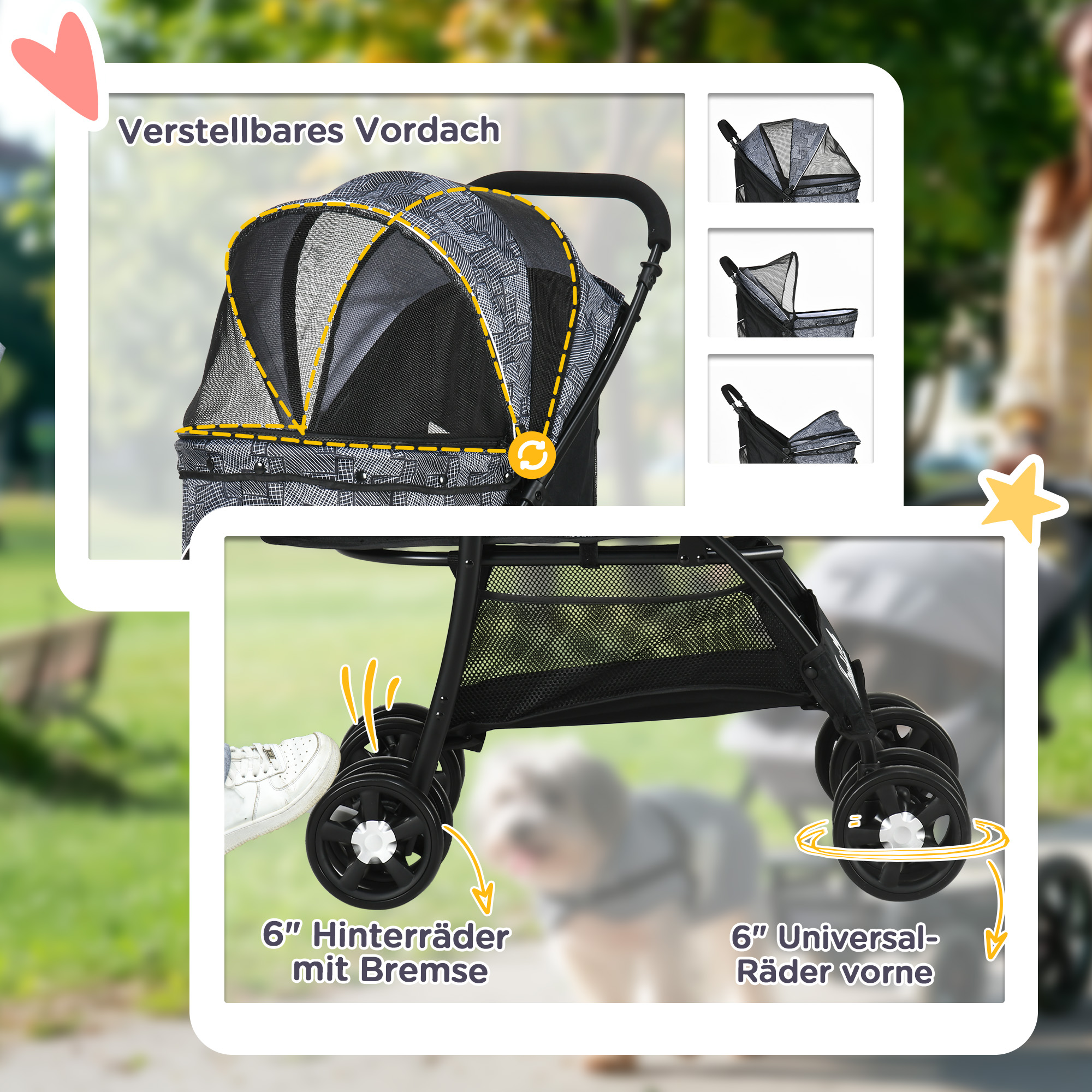 Hundebuggy Hundewagen bis 10kg klappbar verstellbares Vordach Bodenkorb Kissen Seitentasche 81 cm x 48 cm x 99 cm Grau