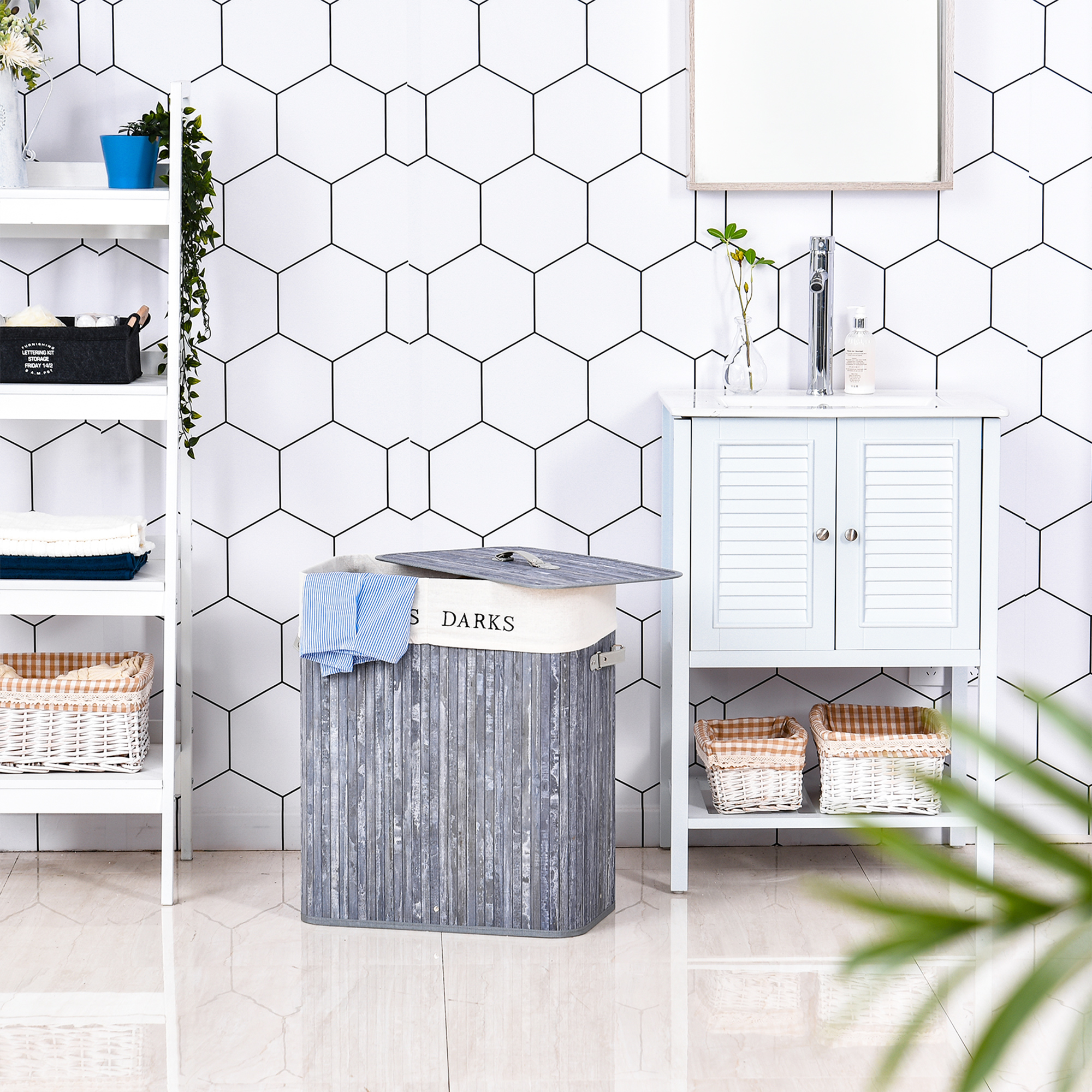 Bambus Wäschekorb mit Deckel 100 L Wäschesammler mit PU-Griffen, Wäschesack aus Segeltuch, Laundry Baskets Wäschesortierer für Waschküche Schlafzimmer Badezimmer Grau