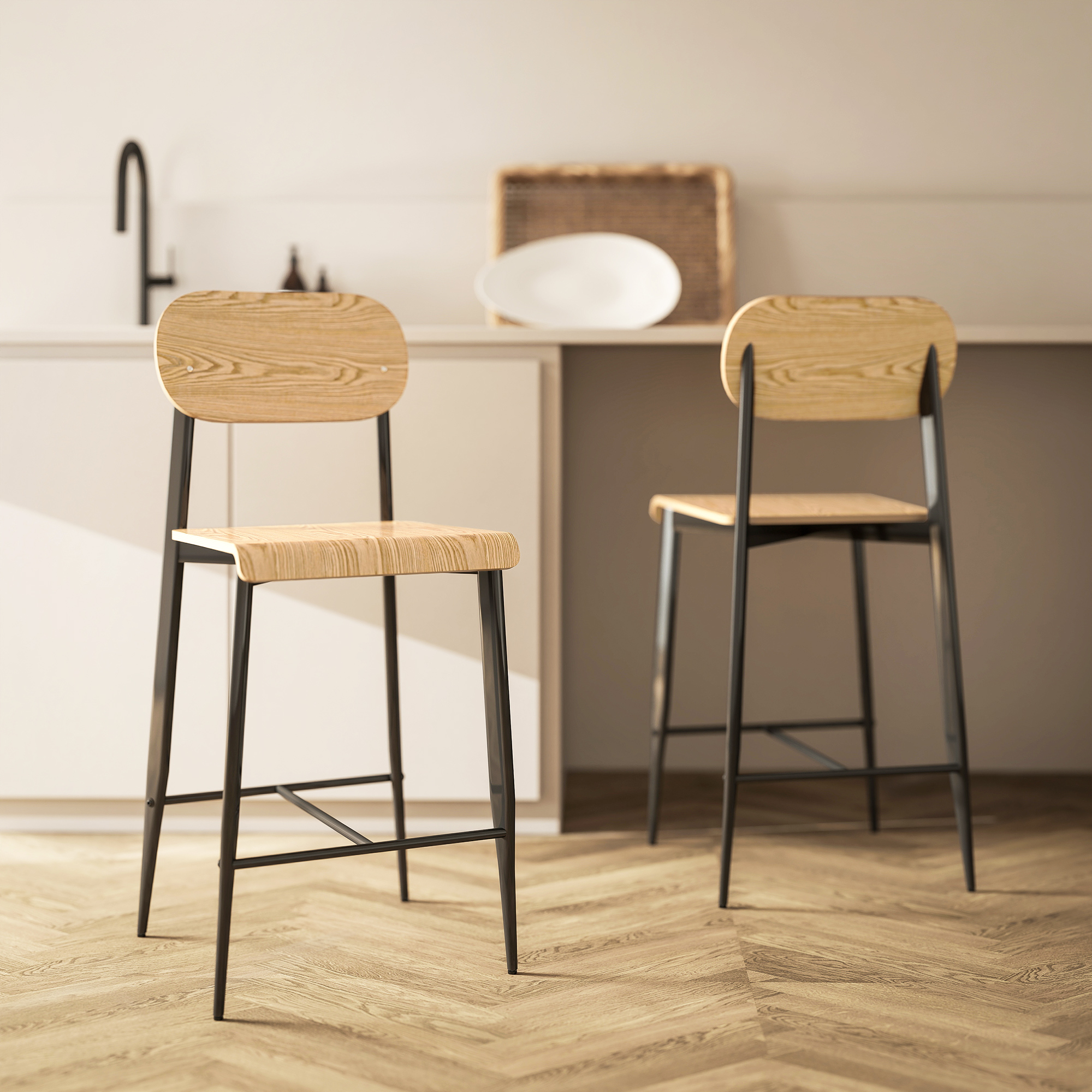 2er-Set Barhocker, Barstühle mit Rückenlehne und Metallgestell, Holz, Hellbraun