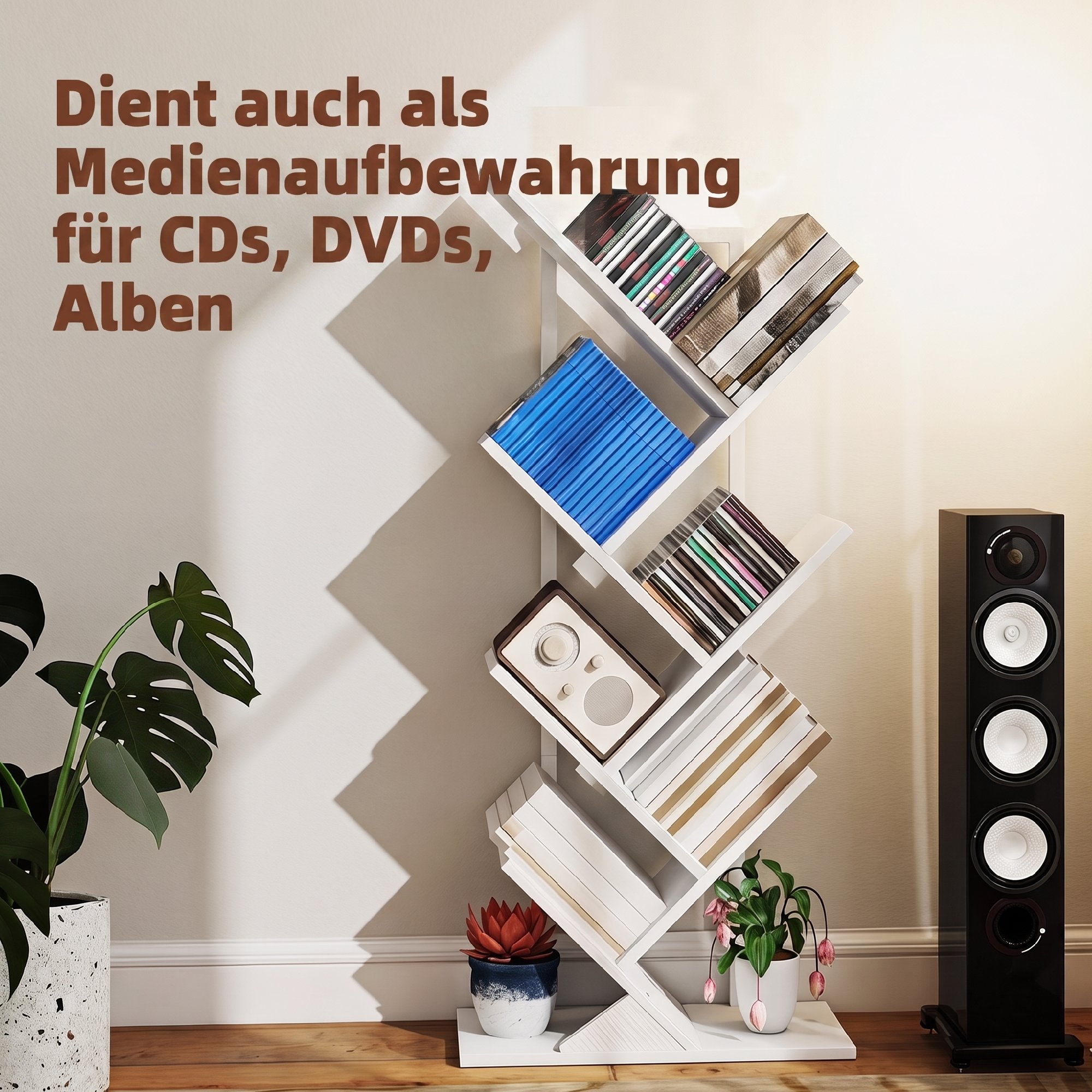 Bücherregal Standregal mit 7 Ebenen Schmal Regal im Baumform für Büro, Rustikal Weiß