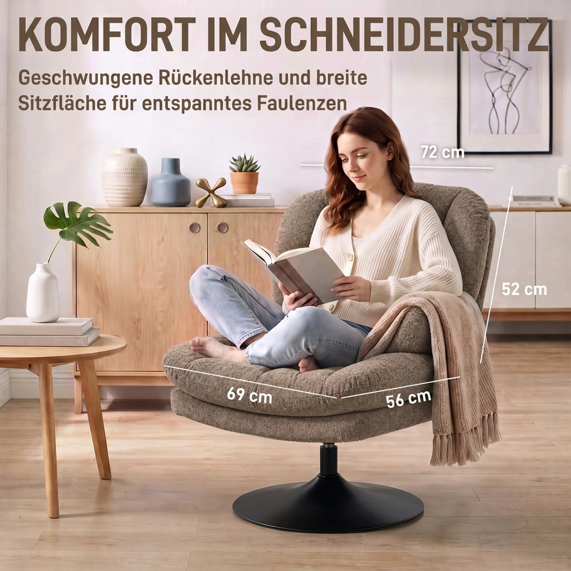 Loungesessel mit Hocker, 360° drehbar, aus Raindrop-Samt, höhenverstellbarer Fußhocker, Braun