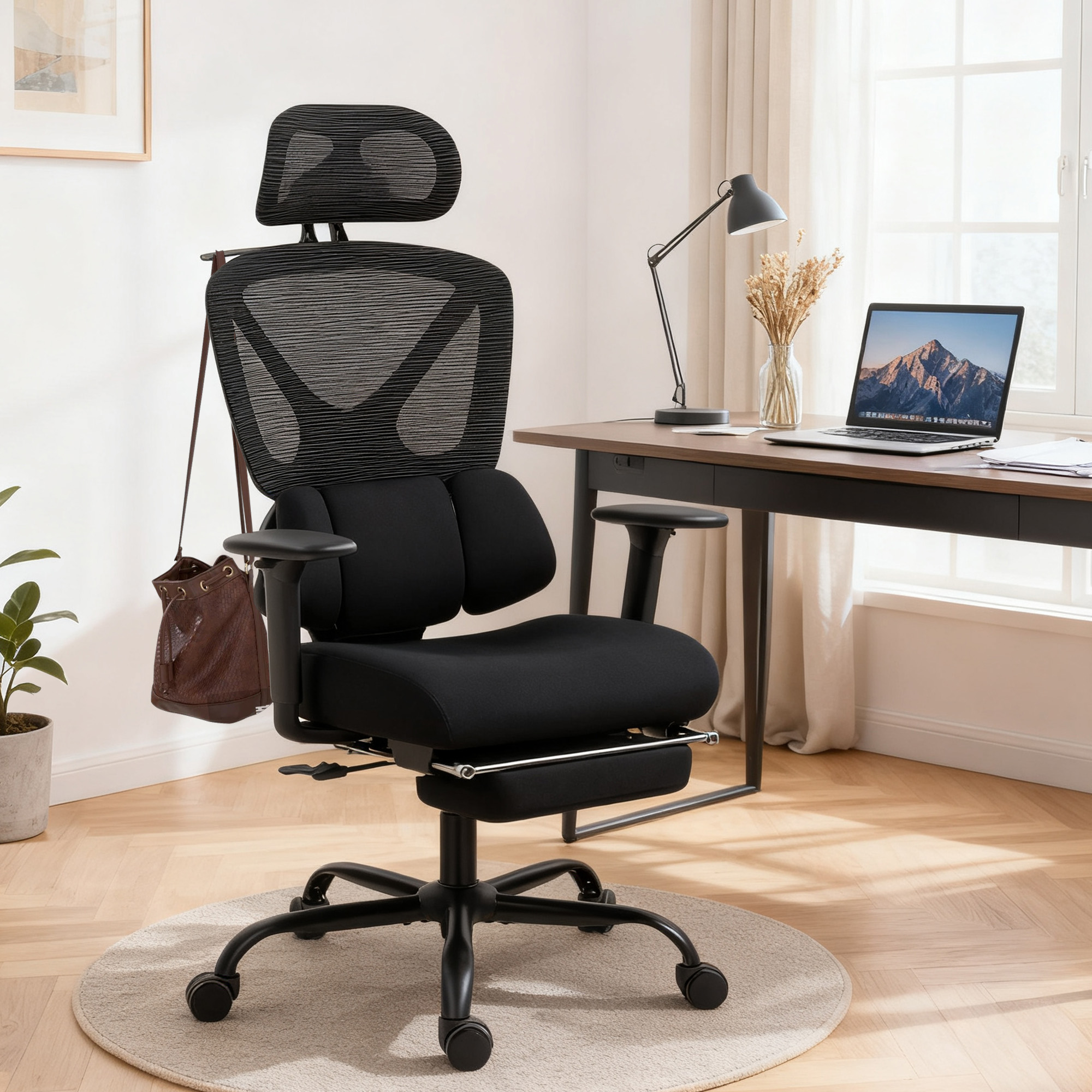 ergonomischer Bürostuhl mit Rollen, Netzstoff, Lendenstütze, Computerstuhl mit Armlehnen, verstellbare Kopfstütze