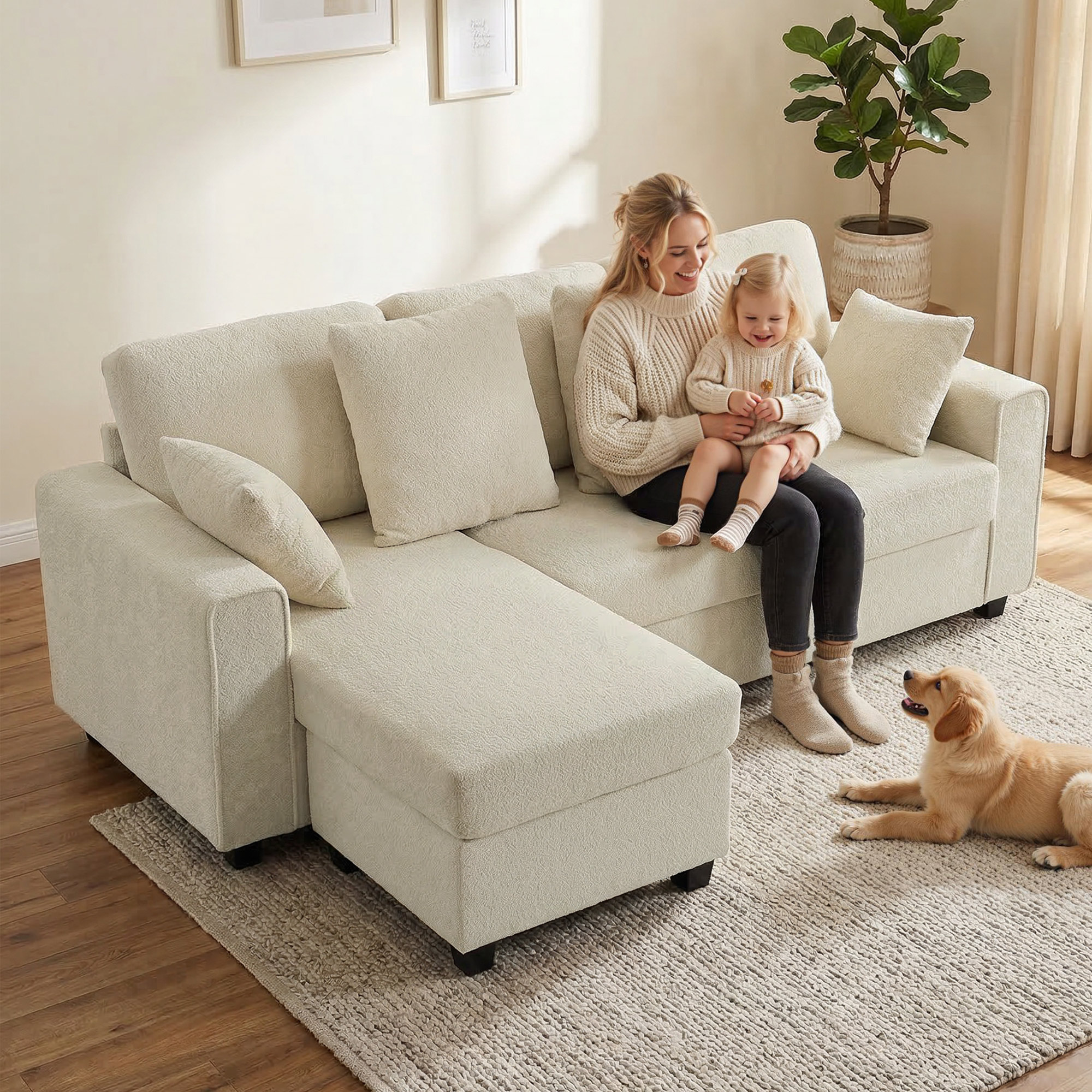 Ecksofa mit umkehrbarer Chaiselongue, 3-Sitzer Sofa mit Samtoptik, breite und tiefe Sitzfläche, Federkissen, Beige