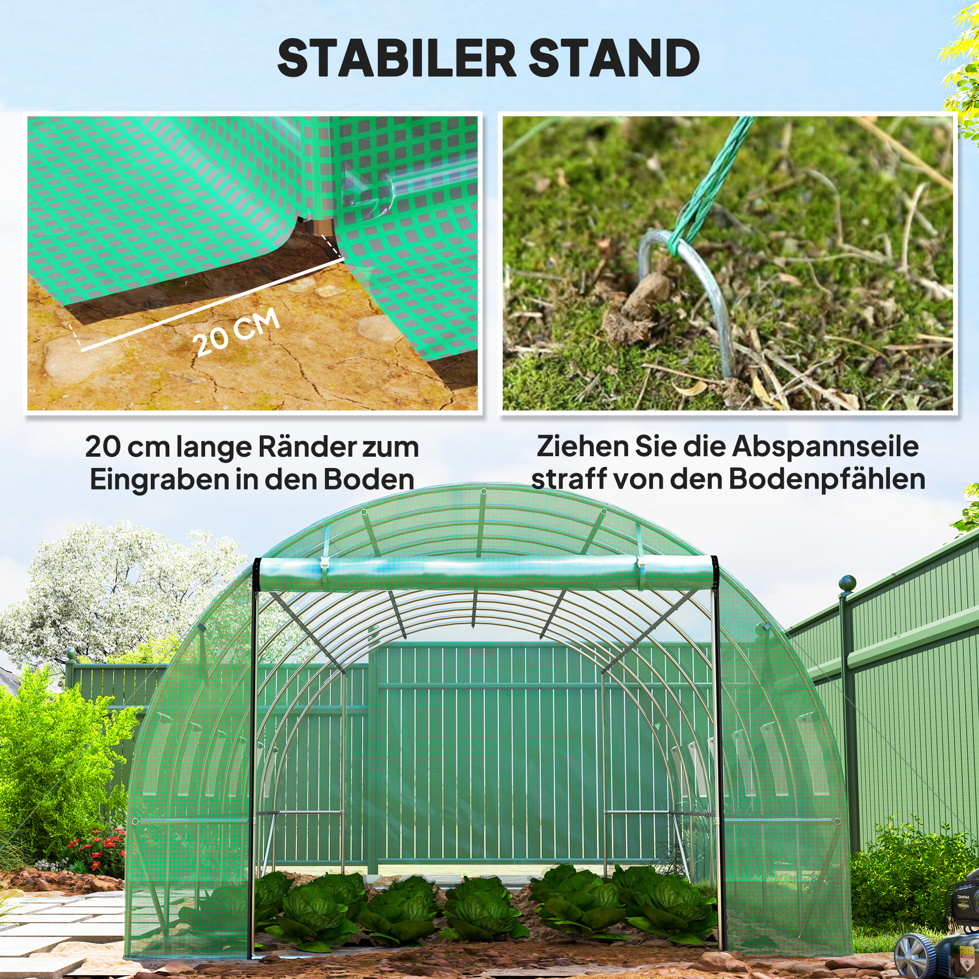 Polytunnel Gewächshaus mit Kunststoff-Abdeckung und Stahlrahmen, begehbares Gewächshauszelt mit Rolltüren, Grün
